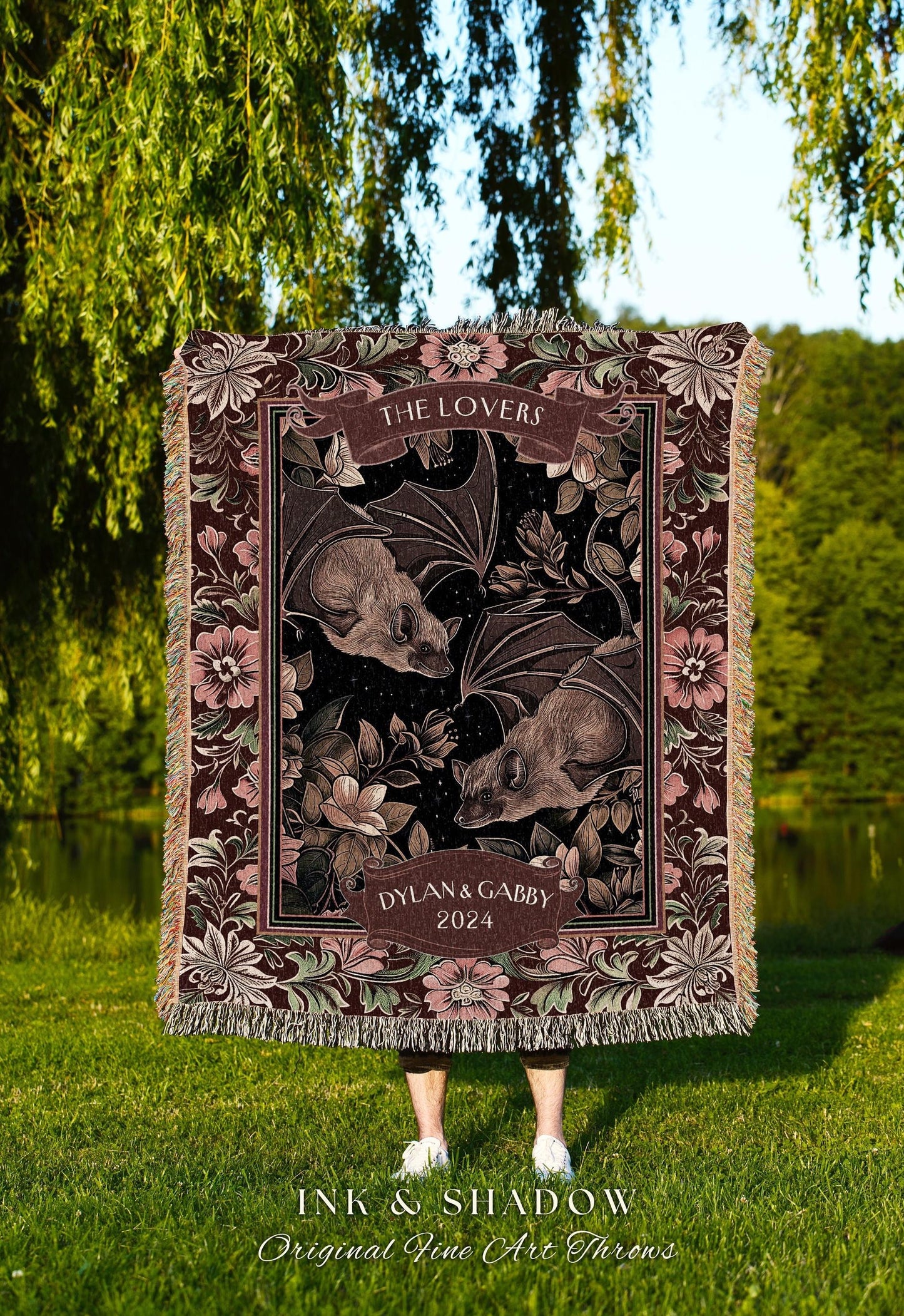 Dark Floral Marriage Blanket Custom Tapestry | Bat Couple Gothic Wedding Custom Blanket Woven Gift for Goth Couples Dark Cottagecore Throw |