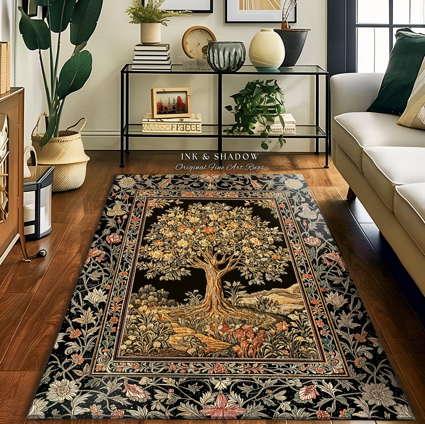 Muted Tones Eclectic Tree of Life Rug | Rustic Bohemian Aesthetic Decor Nature Inspired Bedroom Accent Rug Enchanted Cottagecore Fairycore