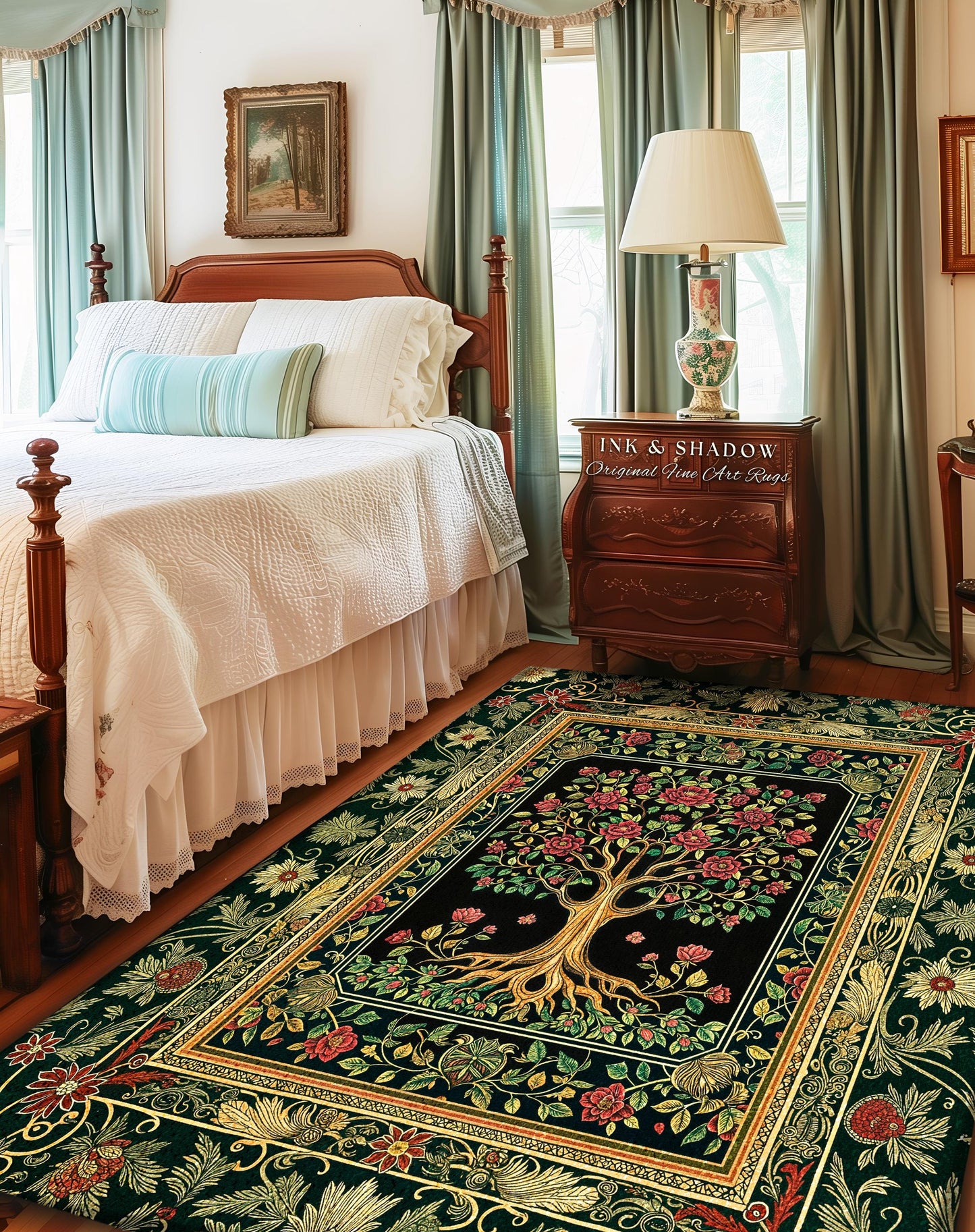 Floral Victorian Garden Tree Rug | Baroque Floral Design Folk Art Inspired Medieval Botanical Decor Romantic Rococo Cottagecore Accent Rug |