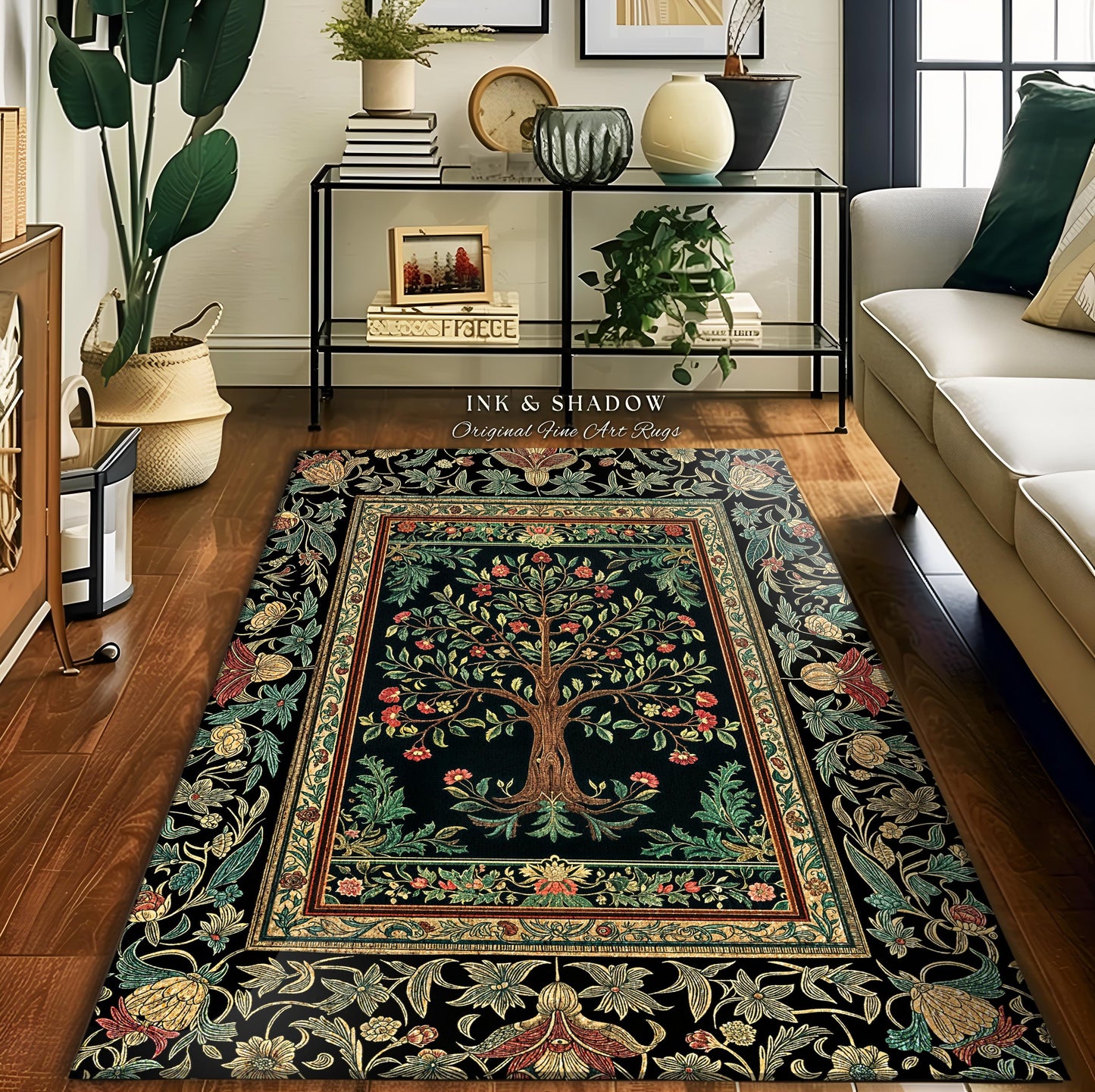 Medieval Folk Art Dark Floral Rug | Ornate Tree of Life Morris Style Fairytale Folklore Cottagecore Botanical Bedroom Decor Jewel Tones |