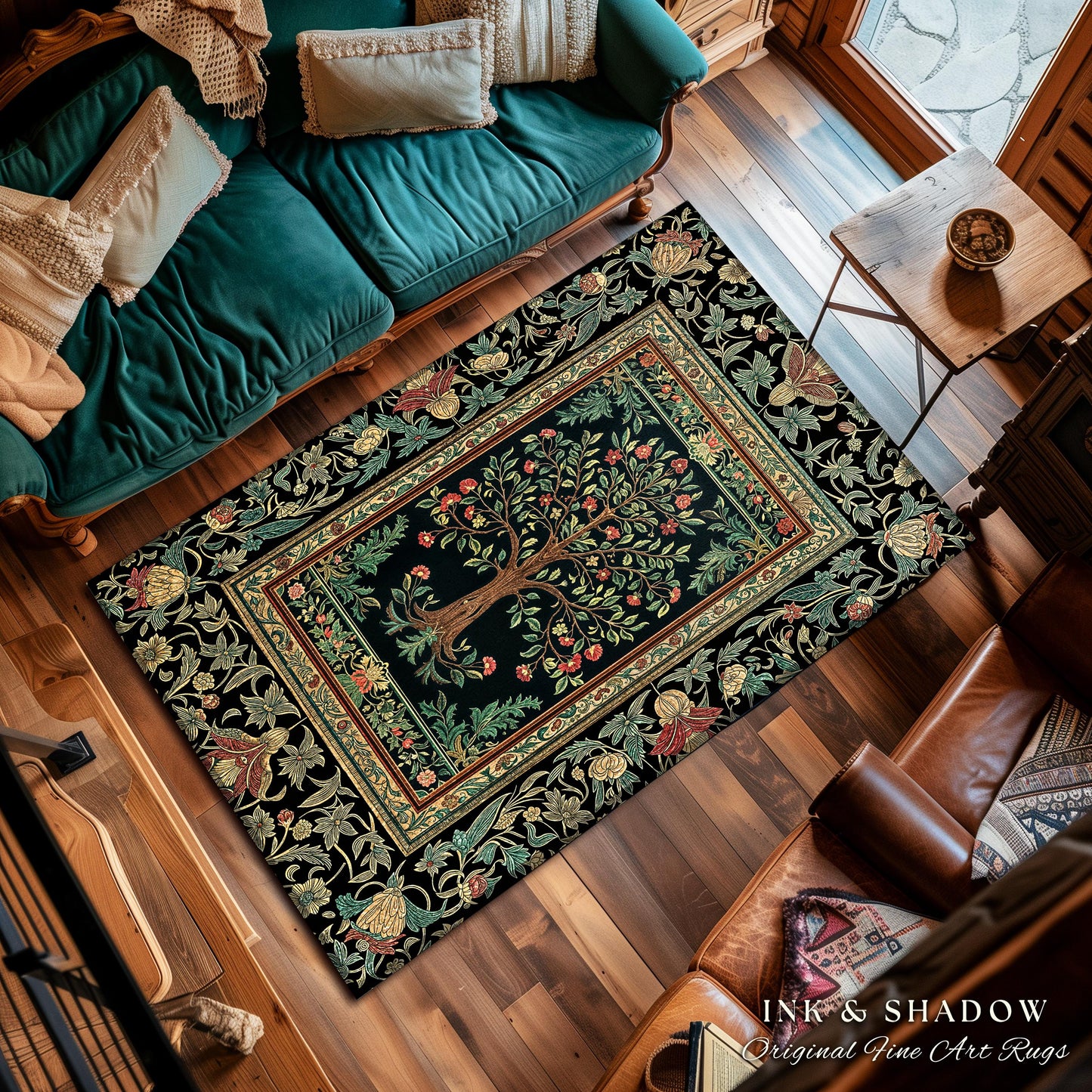Medieval Folk Art Dark Floral Rug | Ornate Tree of Life Morris Style Fairytale Folklore Cottagecore Botanical Bedroom Decor Jewel Tones |