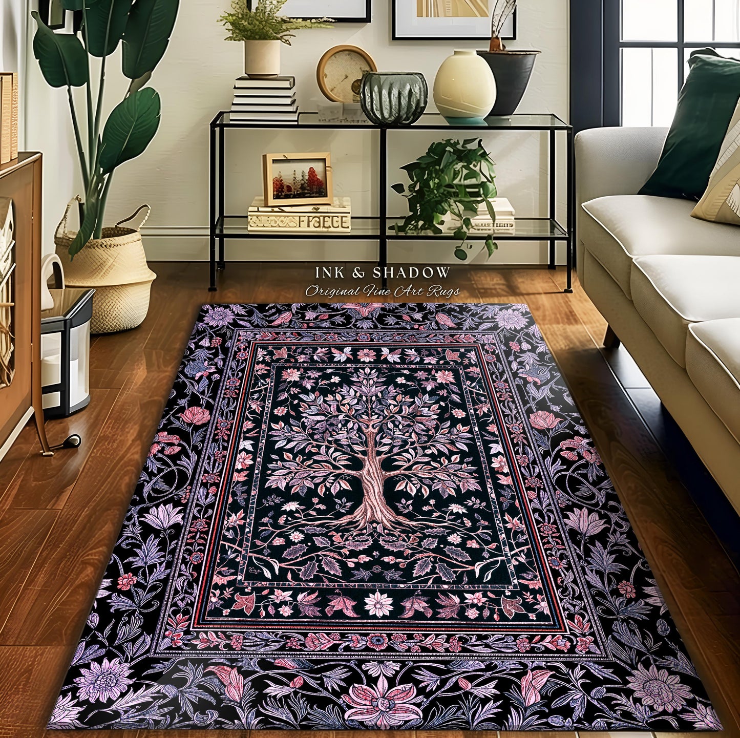 Chateaucore Pastel Purple Area Rug | Vintage Botanical Art Gothic Heritage Tree of Life Design Romantic Fairytale Cottagecore Bedroom Decor