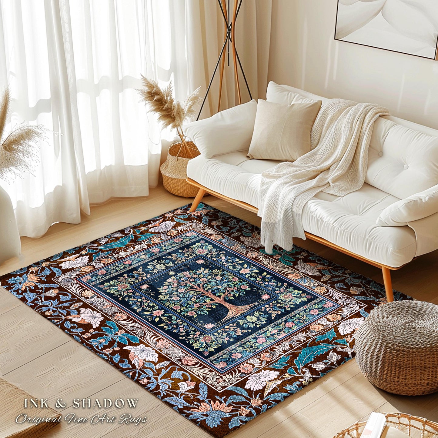 Ornate Grove Tree of Life Rug | Lush Floral Detailing Heirloom Tapestry Design Baroque Nature Theme Cottagecore Living Room Decor Accent