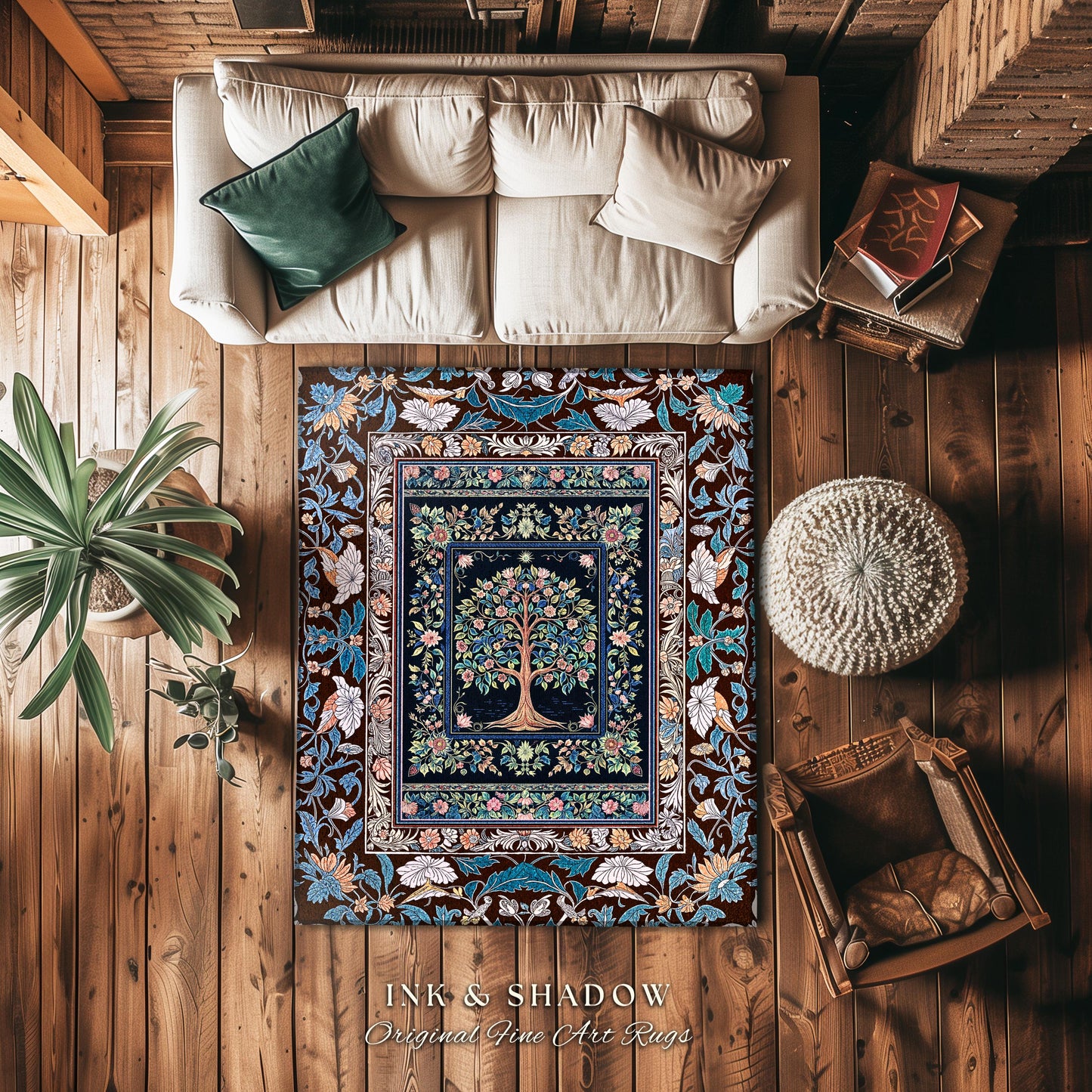 Ornate Grove Tree of Life Rug | Lush Floral Detailing Heirloom Tapestry Design Baroque Nature Theme Cottagecore Living Room Decor Accent