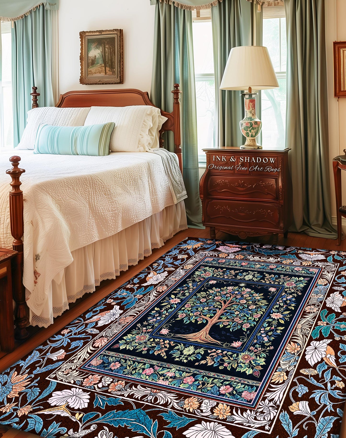 Ornate Grove Tree of Life Rug | Lush Floral Detailing Heirloom Tapestry Design Baroque Nature Theme Cottagecore Living Room Decor Accent