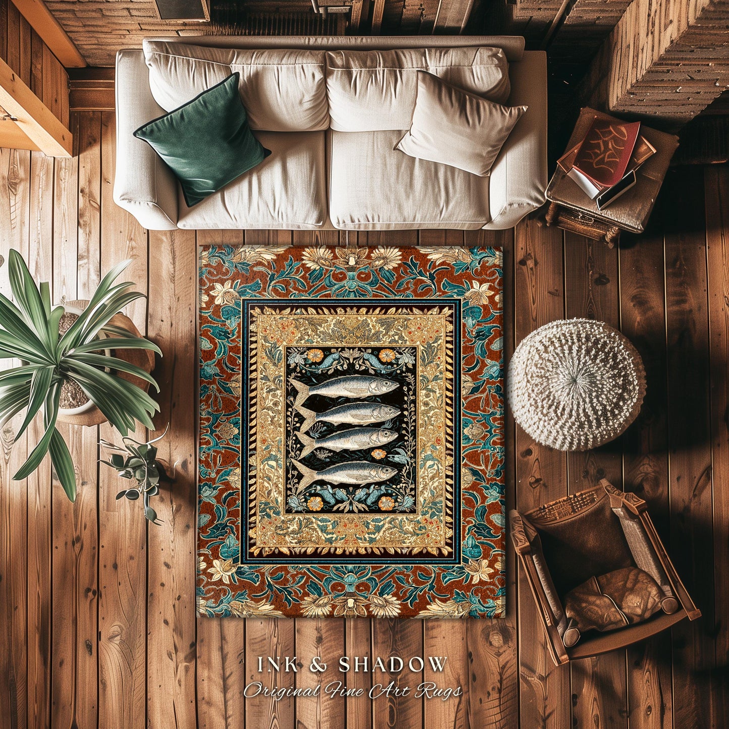 Rustic Coastal Sardine Fish Area Rug | Vintage Maritime Art Decor Mystical Oceanic Boho Beach House Accent Nautical Cottagecore Aesthetic |