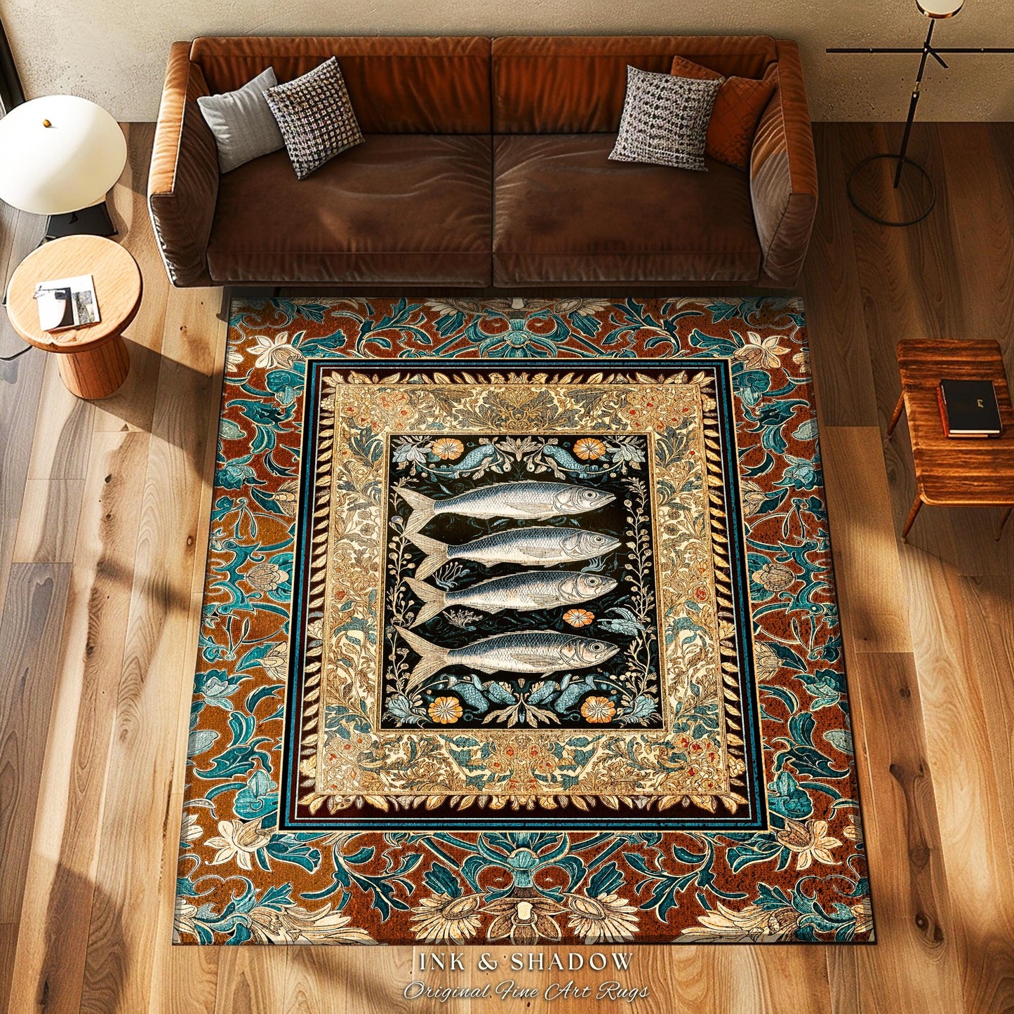 Rustic Coastal Sardine Fish Area Rug | Vintage Maritime Art Decor Mystical Oceanic Boho Beach House Accent Nautical Cottagecore Aesthetic |