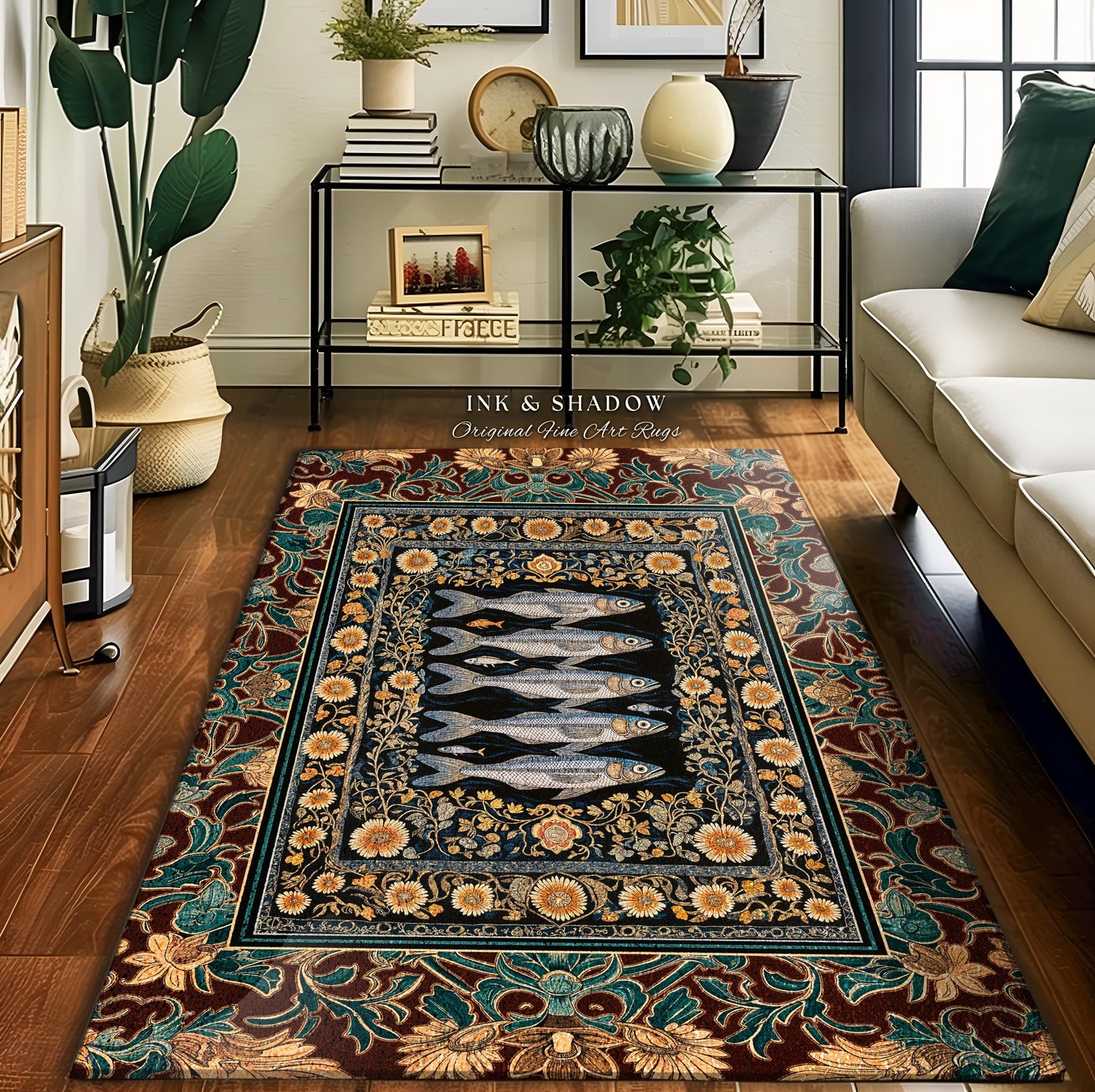 Ethereal Medieval Maritime Fish Area Rug | Antique Sardine Art Coastal Cottagecore Nautical Botanical Ocean Decor Vintage Sea Accent Rug |