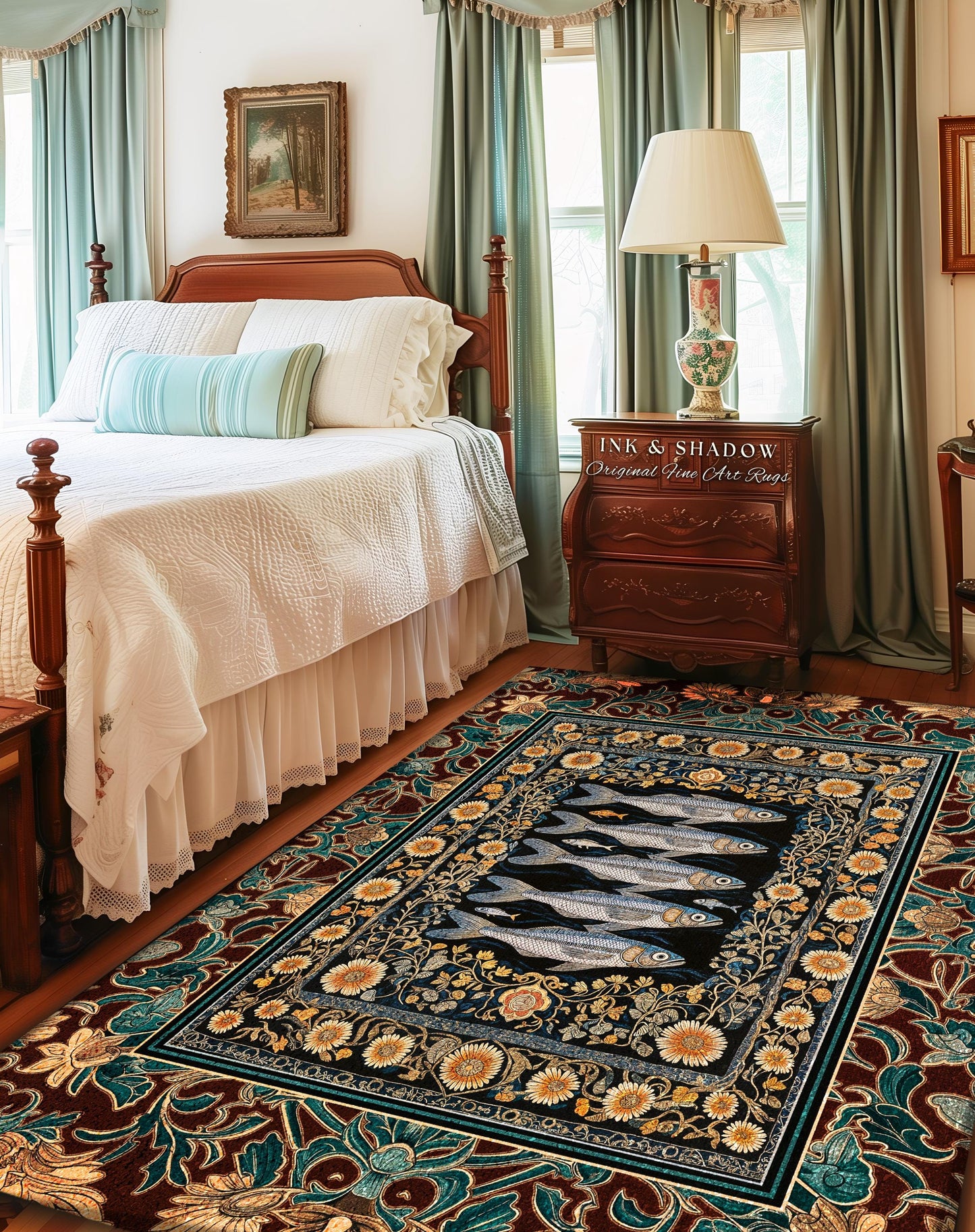 Ethereal Medieval Maritime Fish Area Rug | Antique Sardine Art Coastal Cottagecore Nautical Botanical Ocean Decor Vintage Sea Accent Rug |