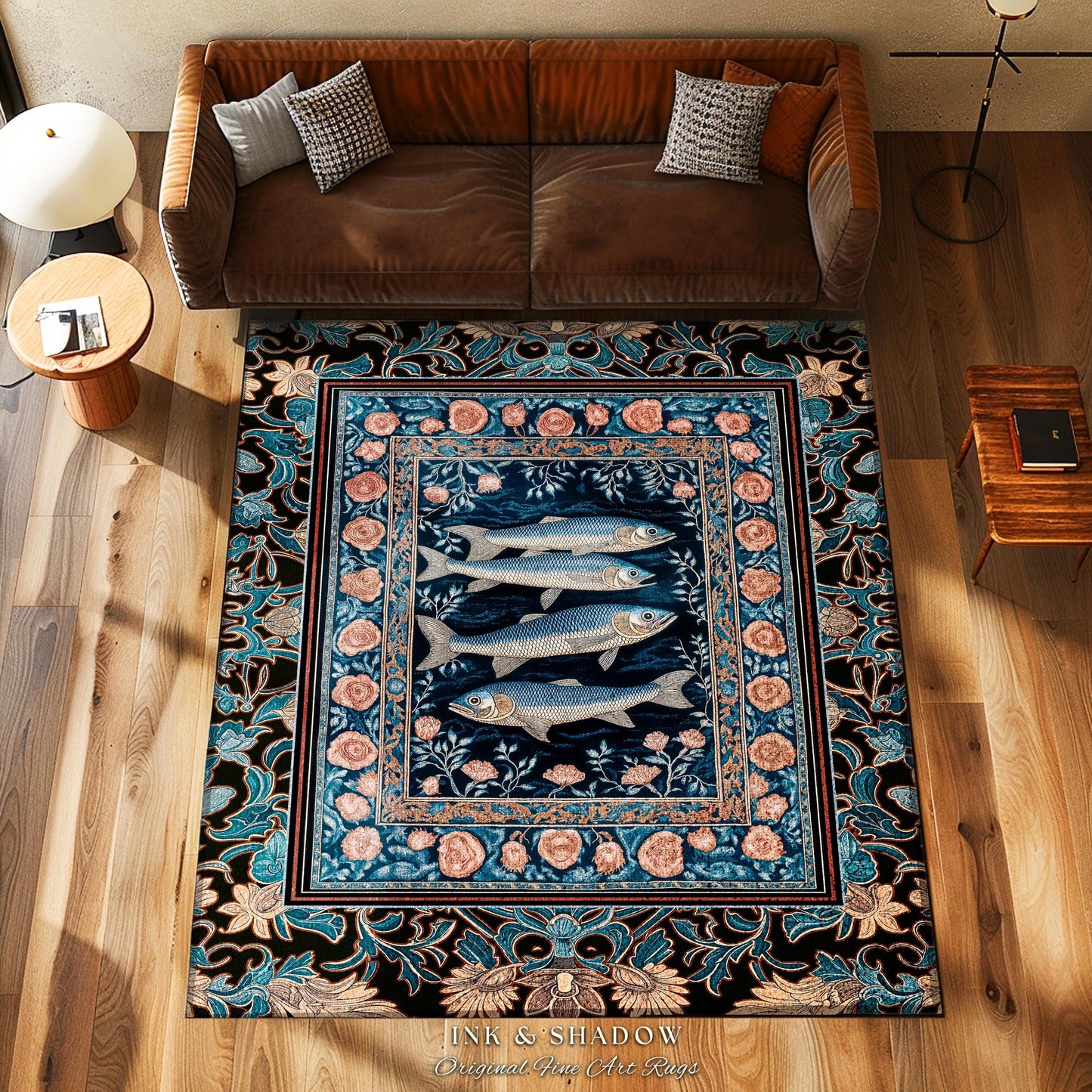 Marine Life Nautical Area Rug | Mystic Gothic Fish Art Beach Cottage Decor Coastal Ocean Rustic Academia Dark Sea Life Home Accent Beachy