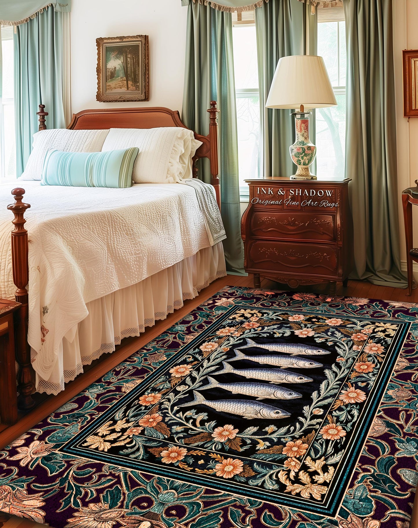 Baroque Ocean Fish Sardine Art Rug | Ornate Coastal Surf Floral Cottagecore Dark Nautical Academia Vintage Marine Sea Life Home Accent Boho