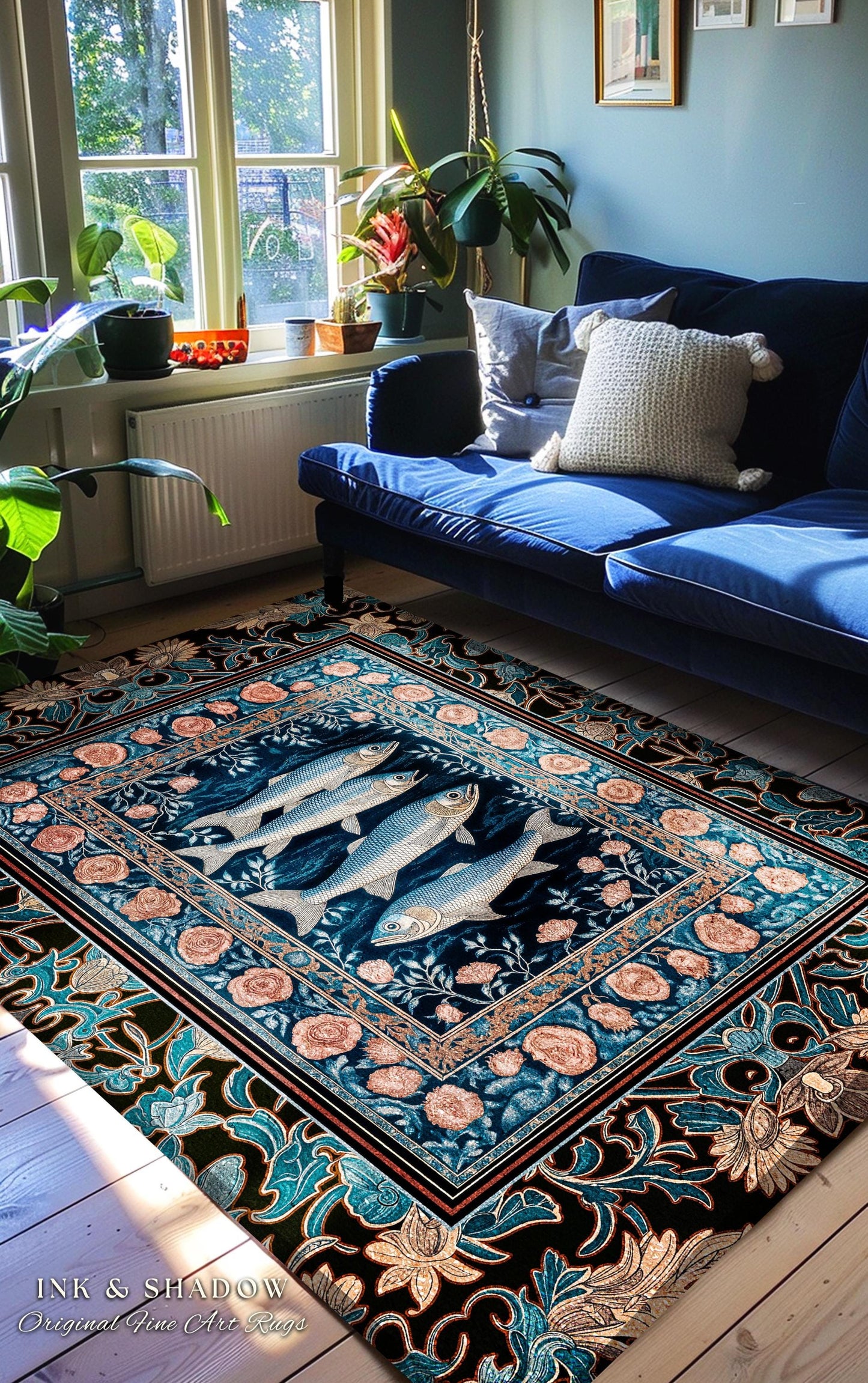 Marine Life Nautical Area Rug | Mystic Gothic Fish Art Beach Cottage Decor Coastal Ocean Rustic Academia Dark Sea Life Home Accent Beachy