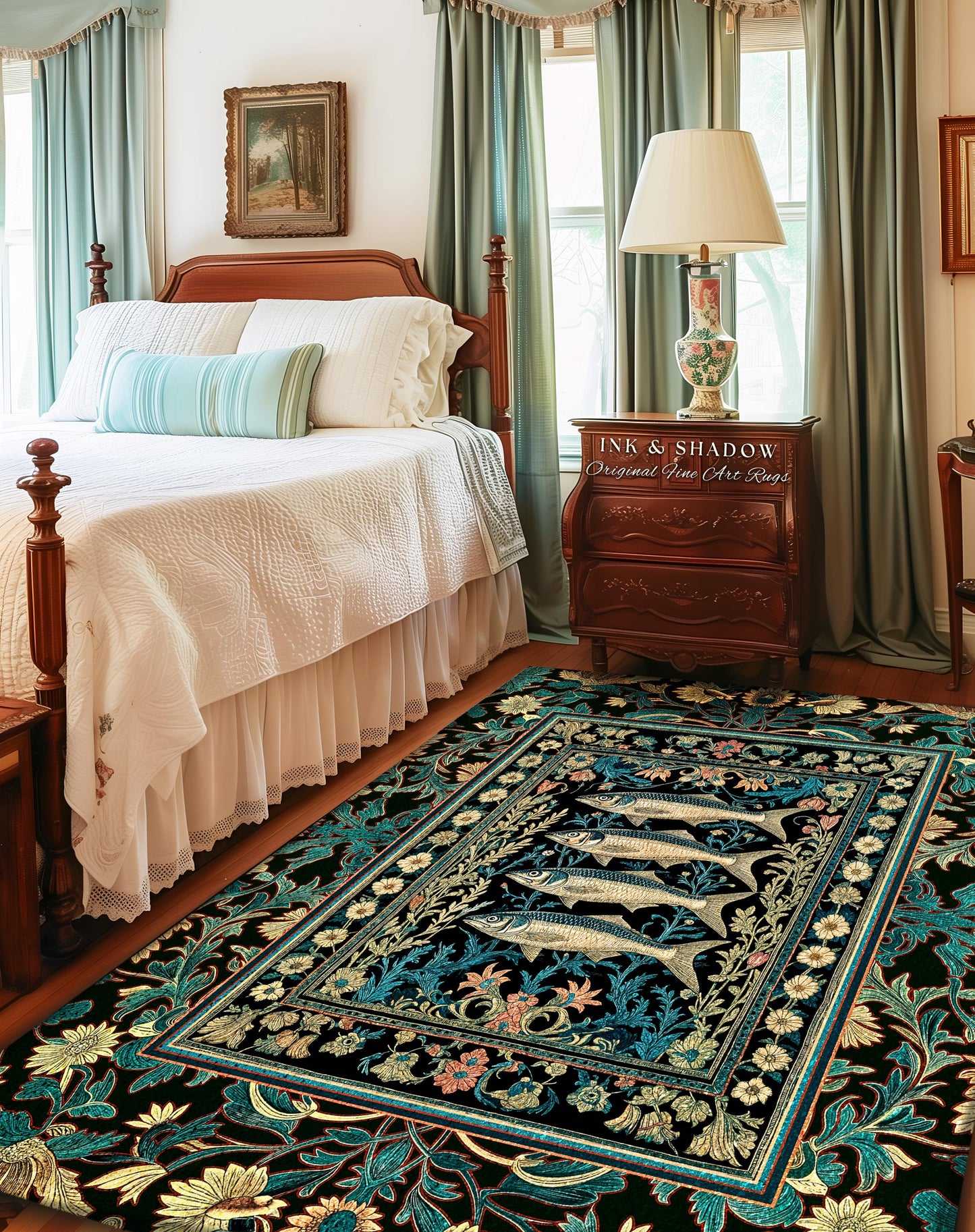 Dark Academia Fish Area Rug | Coastal Enchanted Marine Sardine Art Decor Vintage Nautical Whimsigothic Beach Cottagecore Rustic Home Accent