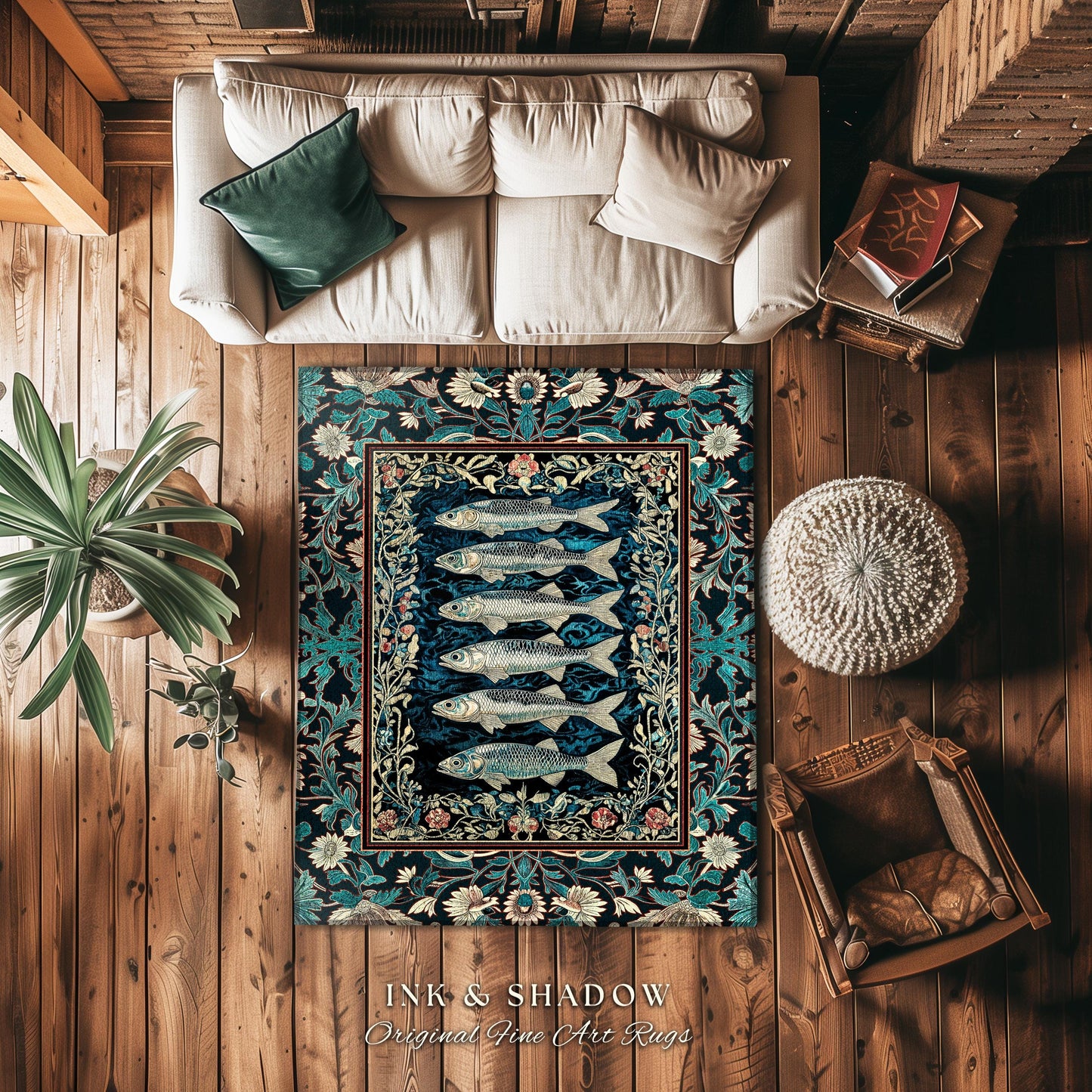 Bohemian Whimsy Sardine Area Rug | Coastal Ocean Academia Decor Fairy Grunge Cottagecore Sealife Marine Rustic Fish Beach House Accent Boho