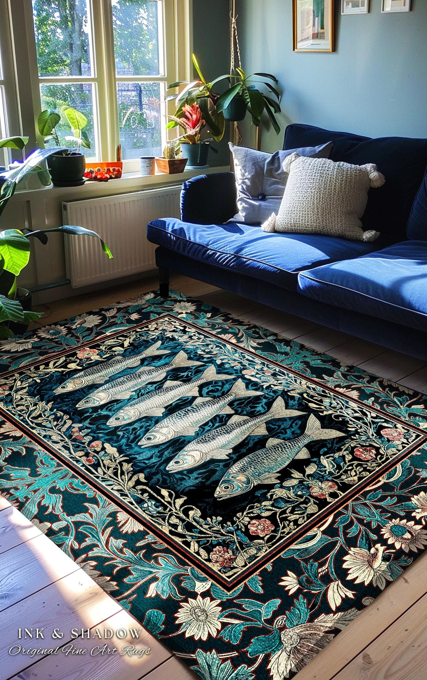 Bohemian Whimsy Sardine Area Rug | Coastal Ocean Academia Decor Fairy Grunge Cottagecore Sealife Marine Rustic Fish Beach House Accent Boho