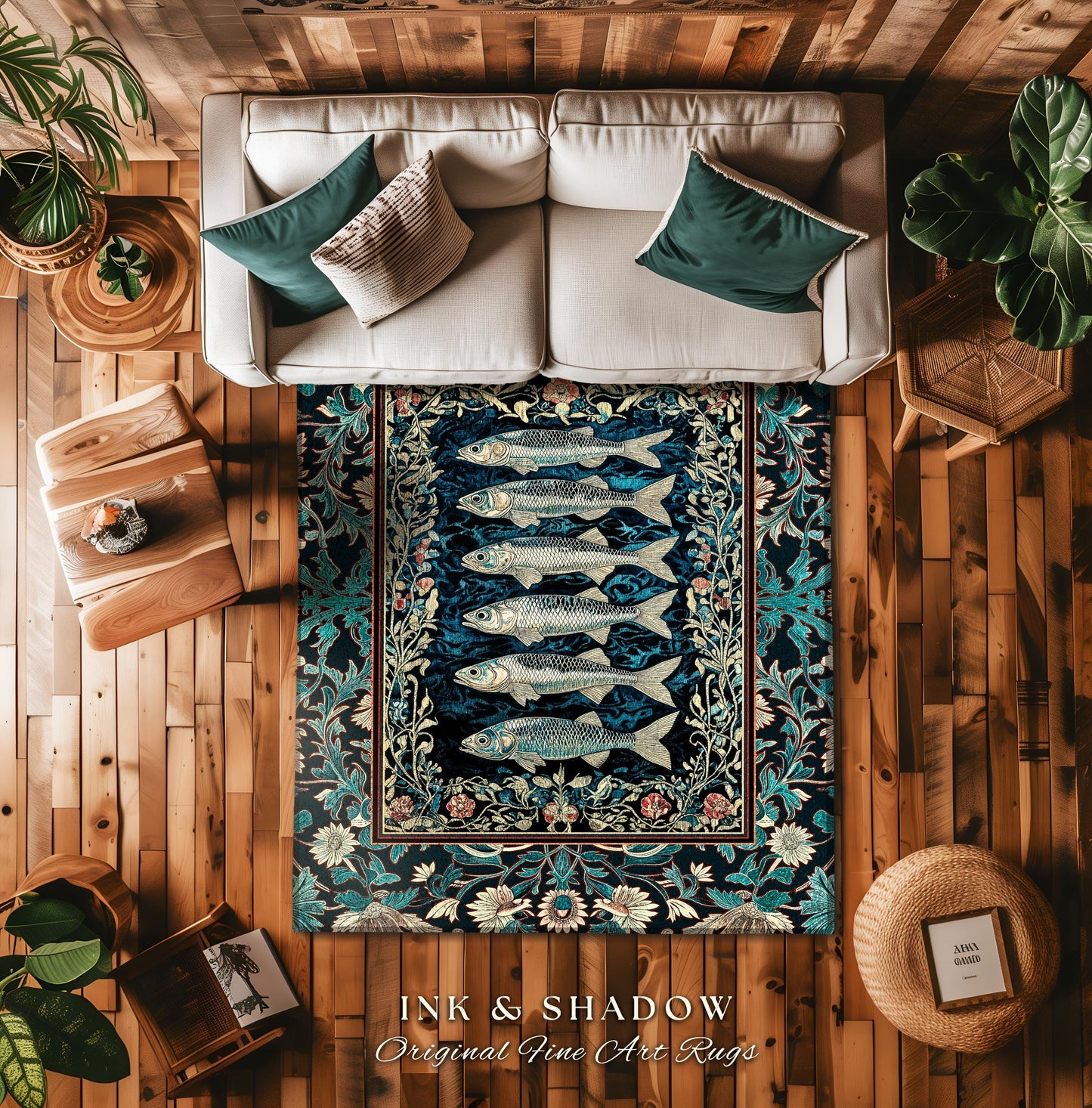 Bohemian Whimsy Sardine Area Rug | Coastal Ocean Academia Decor Fairy Grunge Cottagecore Sealife Marine Rustic Fish Beach House Accent Boho