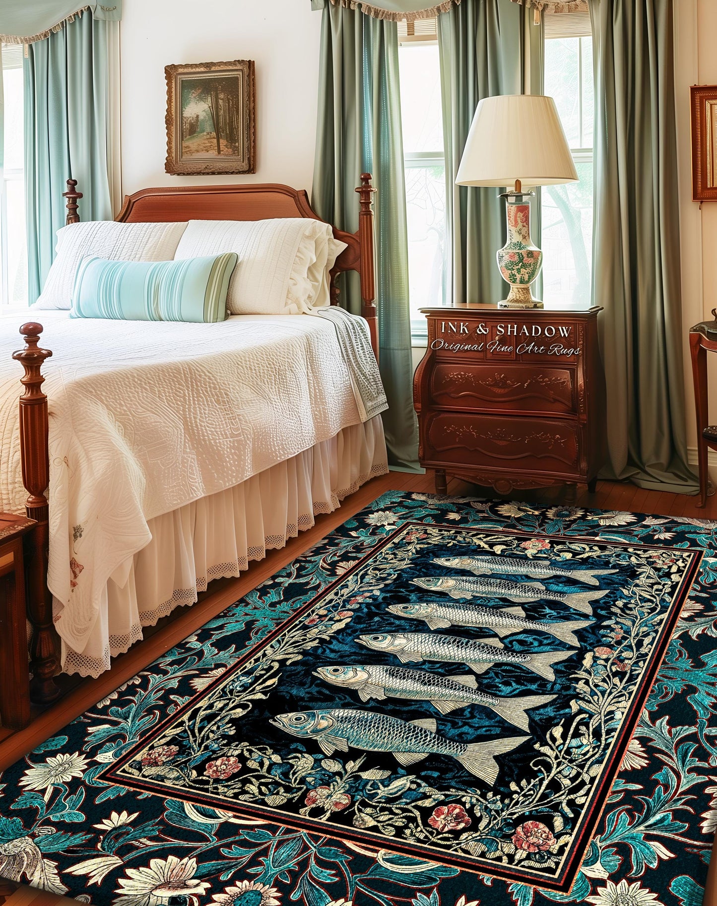 Bohemian Whimsy Sardine Area Rug | Coastal Ocean Academia Decor Fairy Grunge Cottagecore Sealife Marine Rustic Fish Beach House Accent Boho