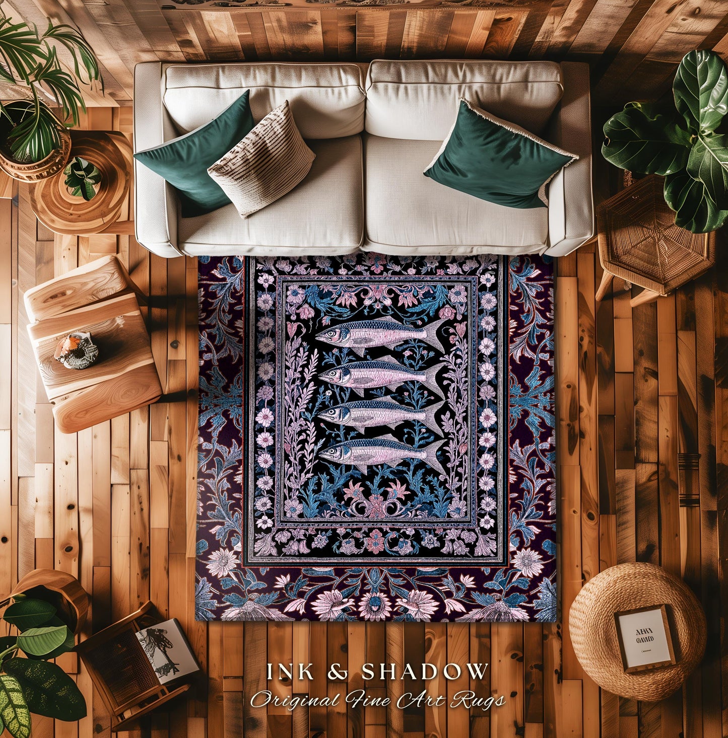 Sardine Area Rug Nautical Room Decor | Marine Life Home Accent Cozy Tapestry Coastal Underwater Design Ocean Inspired Cottagecore Style |