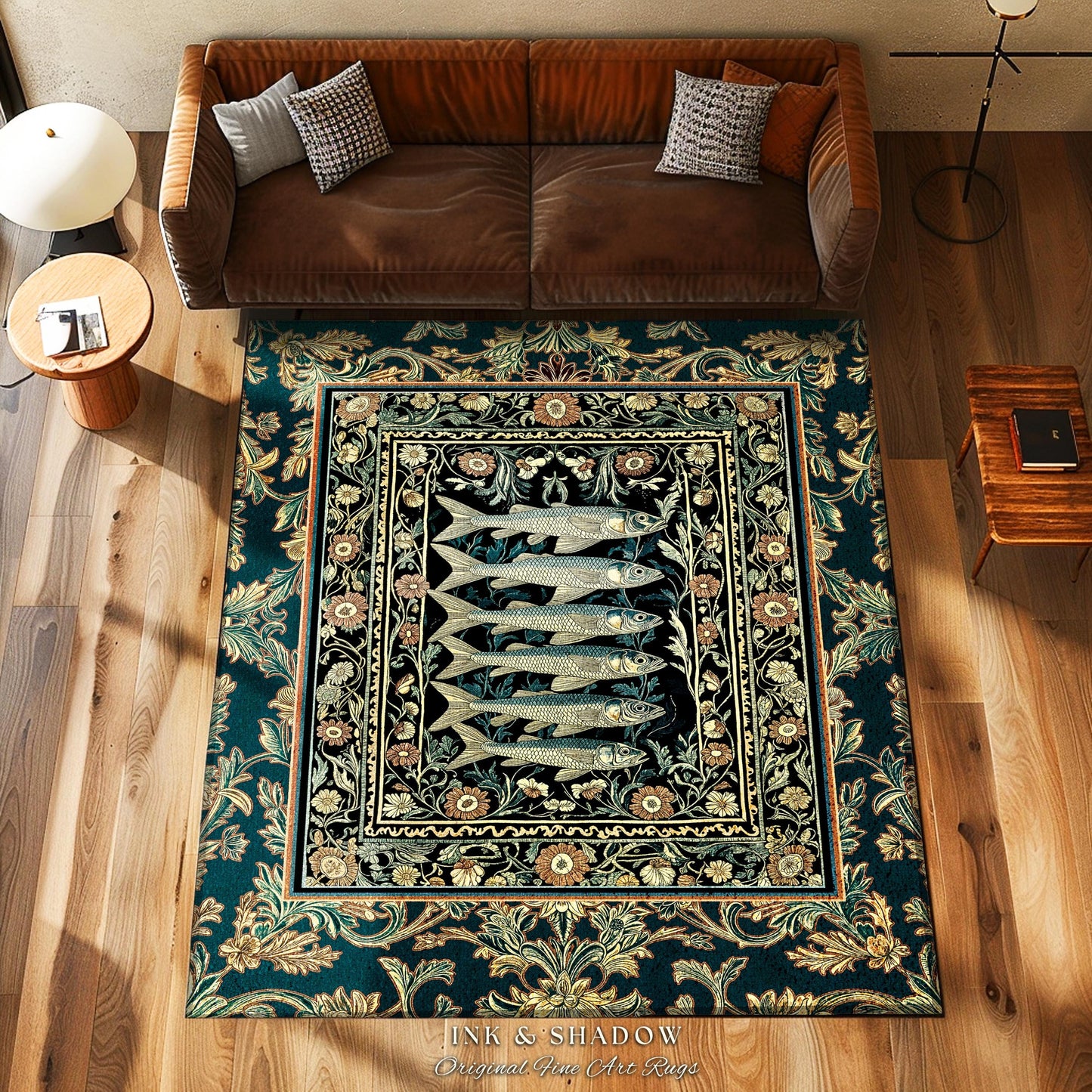 Oceancore Cozy Accent Rug Sardine | Indie Nautical Bedroom Marine Life Art Vintage Coastal Decor Under the Sea Scene Cottagecore Ornate |