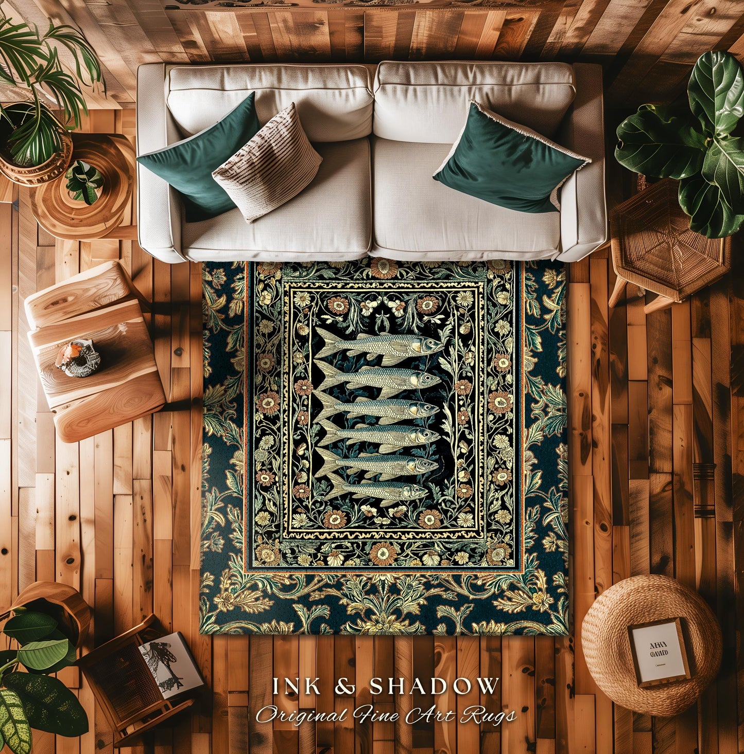 Oceancore Cozy Accent Rug Sardine | Indie Nautical Bedroom Marine Life Art Vintage Coastal Decor Under the Sea Scene Cottagecore Ornate |
