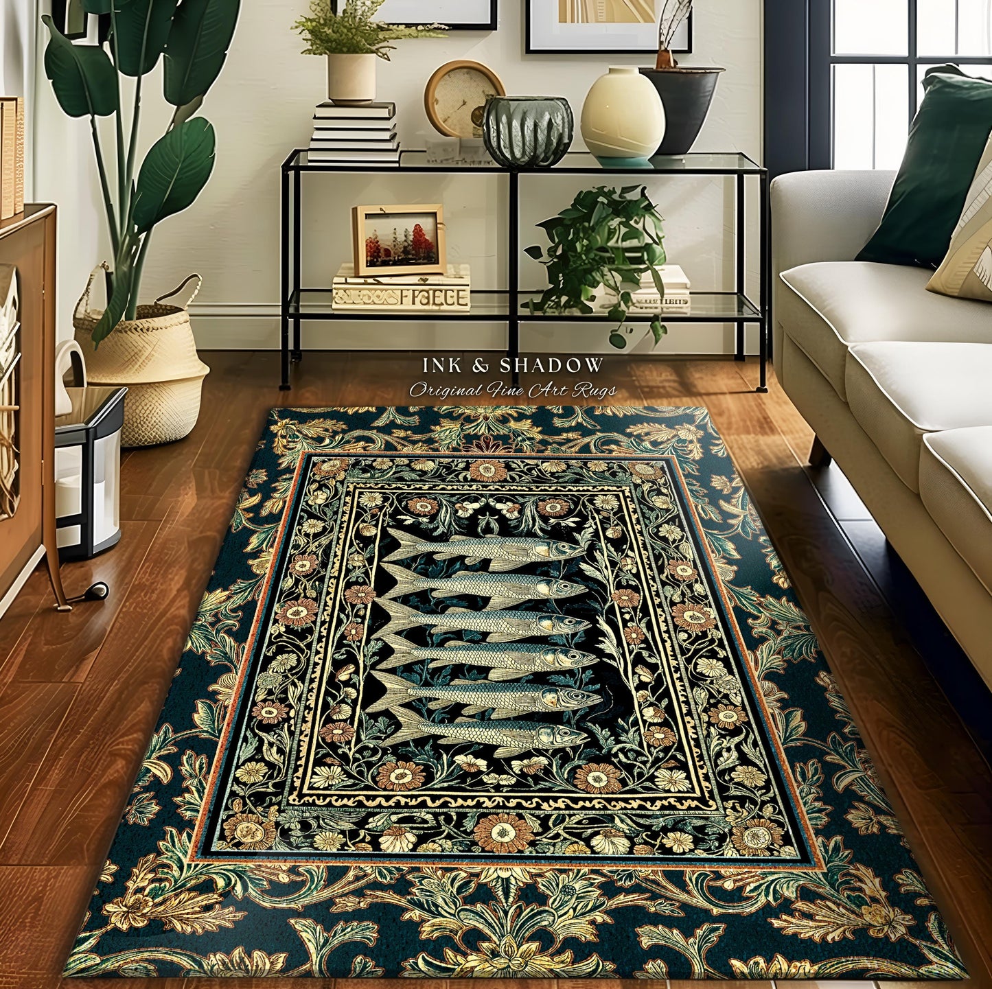 Oceancore Cozy Accent Rug Sardine | Indie Nautical Bedroom Marine Life Art Vintage Coastal Decor Under the Sea Scene Cottagecore Ornate |