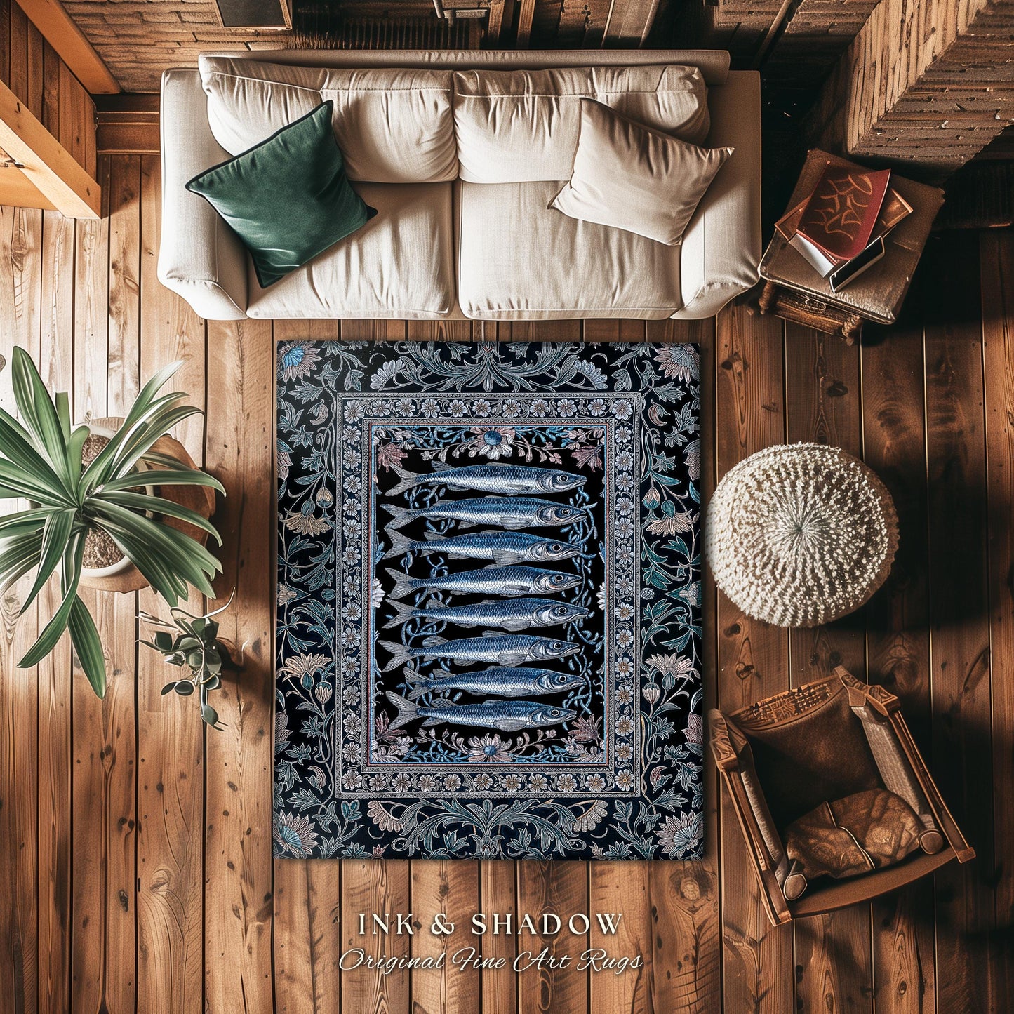 Decorative Sardine Ocean-Inspired Area Rug | Baroque Coastal Art Home Accent Rug Moody Nautical Theme Whimsical Style Bedroom Sea Life Theme