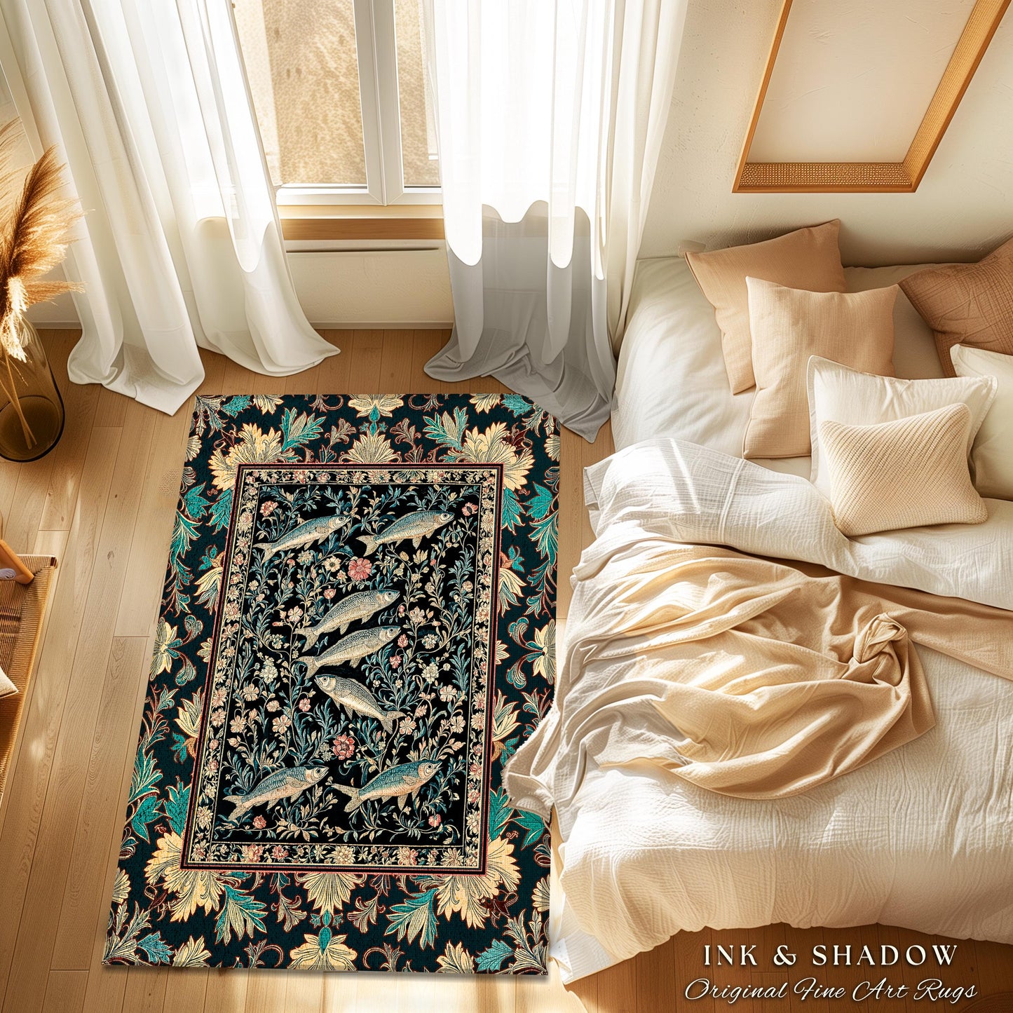 Ocean Gothic Baroque Accent Rug | Vintage Coastal Bohemian Sardine Marine Magic Whimsical Sea Folk Art Nautical Area Rug Beach House Decor