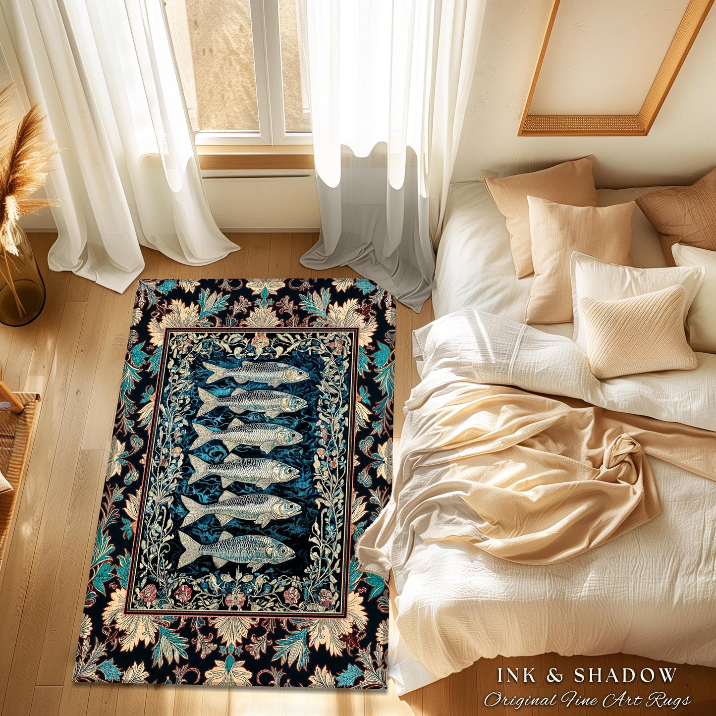 Nautical Folk Art Sardine Area Rug | Nautical Folk Art-Inspired Bedroom Marine Scene Coastal Botanical Home Accent Boho Oceancore Mermaid |