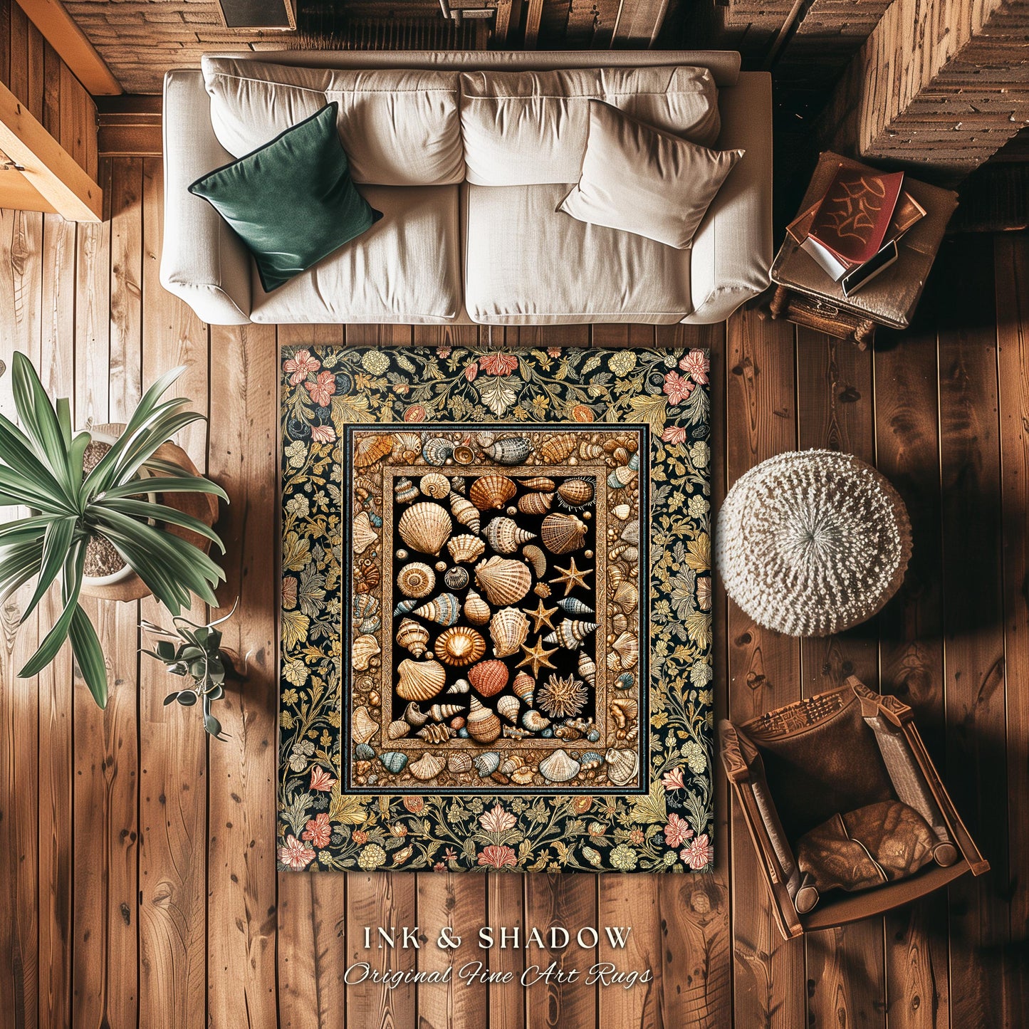 Rustic Seaside Shell Art Cozy Blanket | Oceanic Nature Tapestry Coastal Illustration Marine Life Woven Decor Nautical Maximalist Beach Style