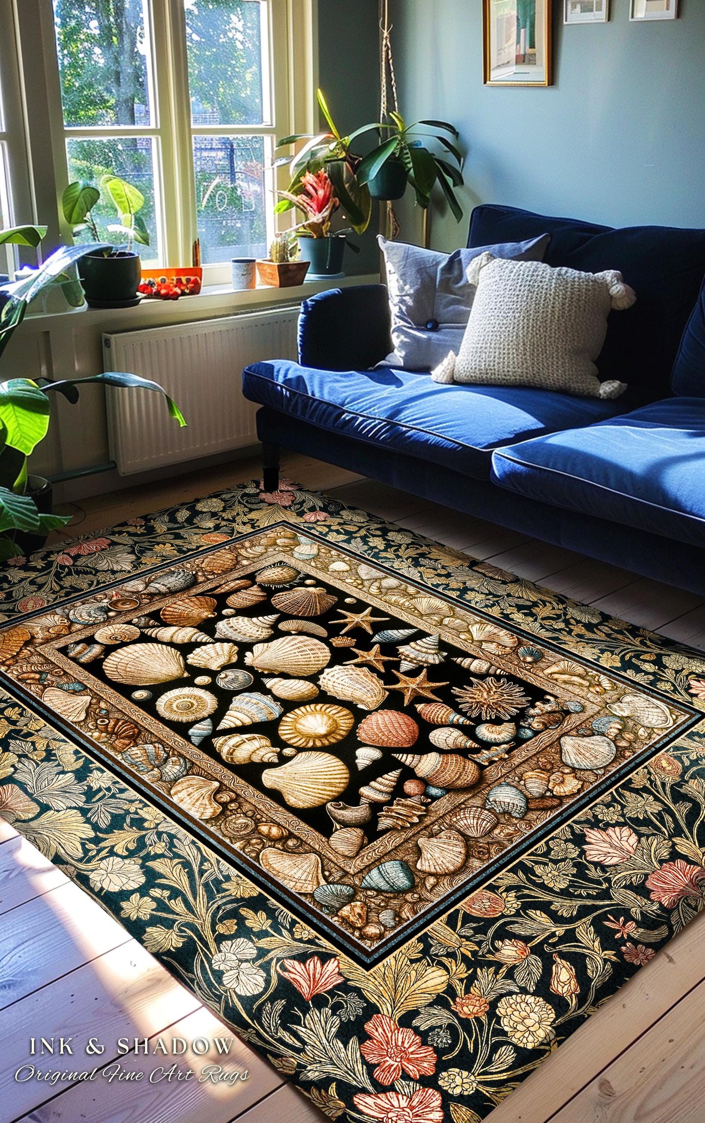 Rustic Seaside Shell Art Cozy Blanket | Oceanic Nature Tapestry Coastal Illustration Marine Life Woven Decor Nautical Maximalist Beach Style
