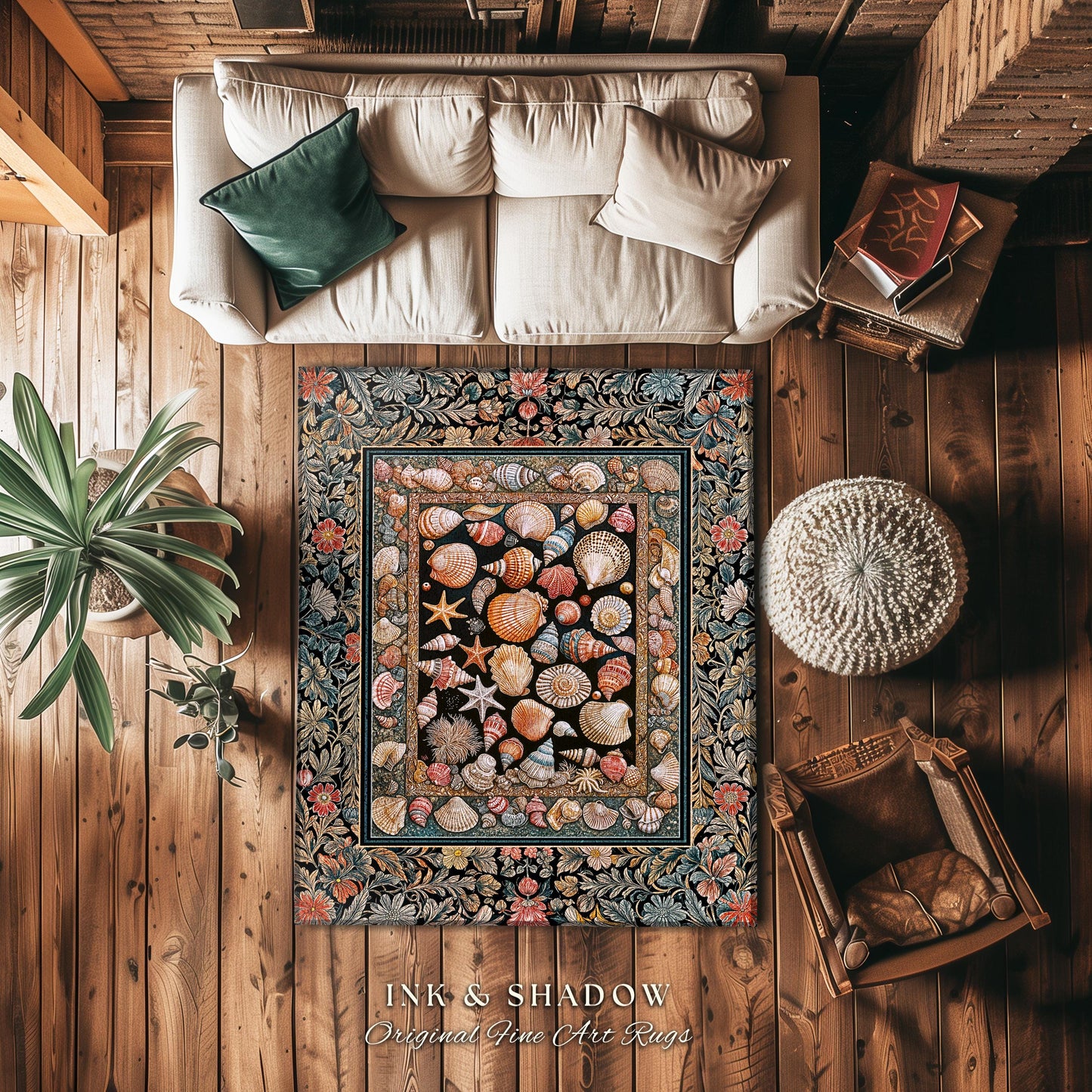 Whimsical Sea Shell Beachy Area Rug | Rustic Beach House Aesthetic Marine-Inspired Art Nautical Design Boho Decor Ocean Lore Coastal Accent