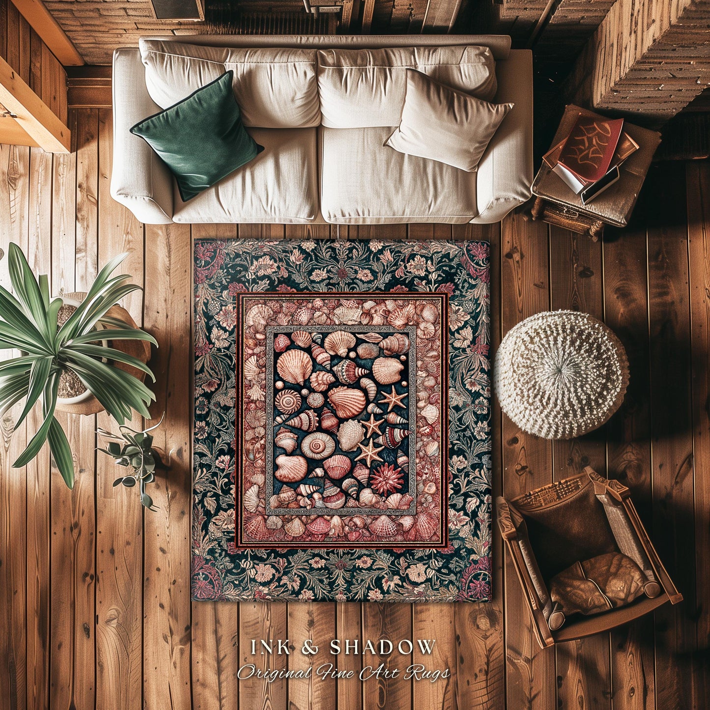 Ornate Sea Life Accent Rug | Victorian Ocean Design Classic Nautical Shell Illustration Coastal Decor Mermaidcore Boho Beach House Aesthetic