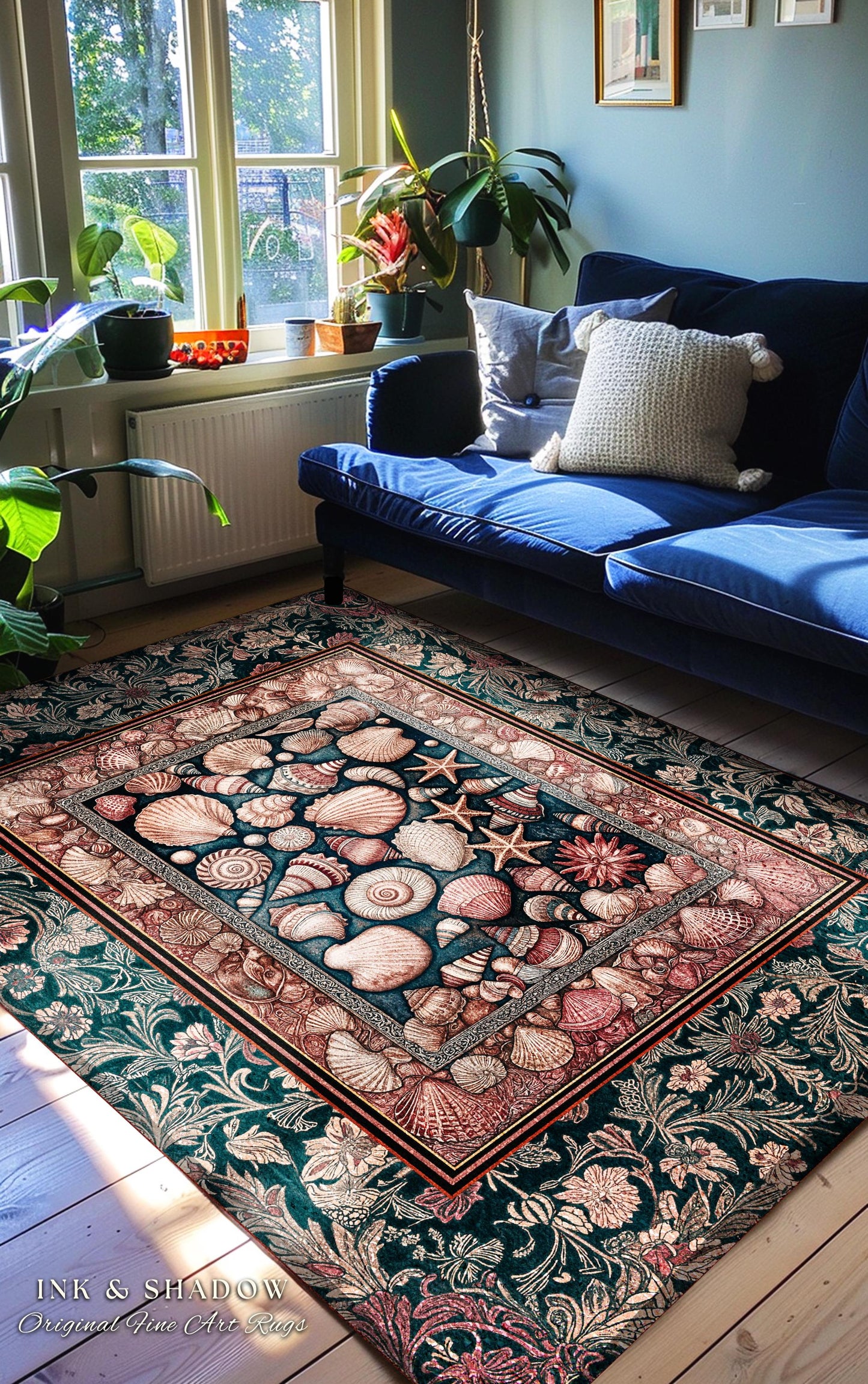Ornate Sea Life Accent Rug | Victorian Ocean Design Classic Nautical Shell Illustration Coastal Decor Mermaidcore Boho Beach House Aesthetic