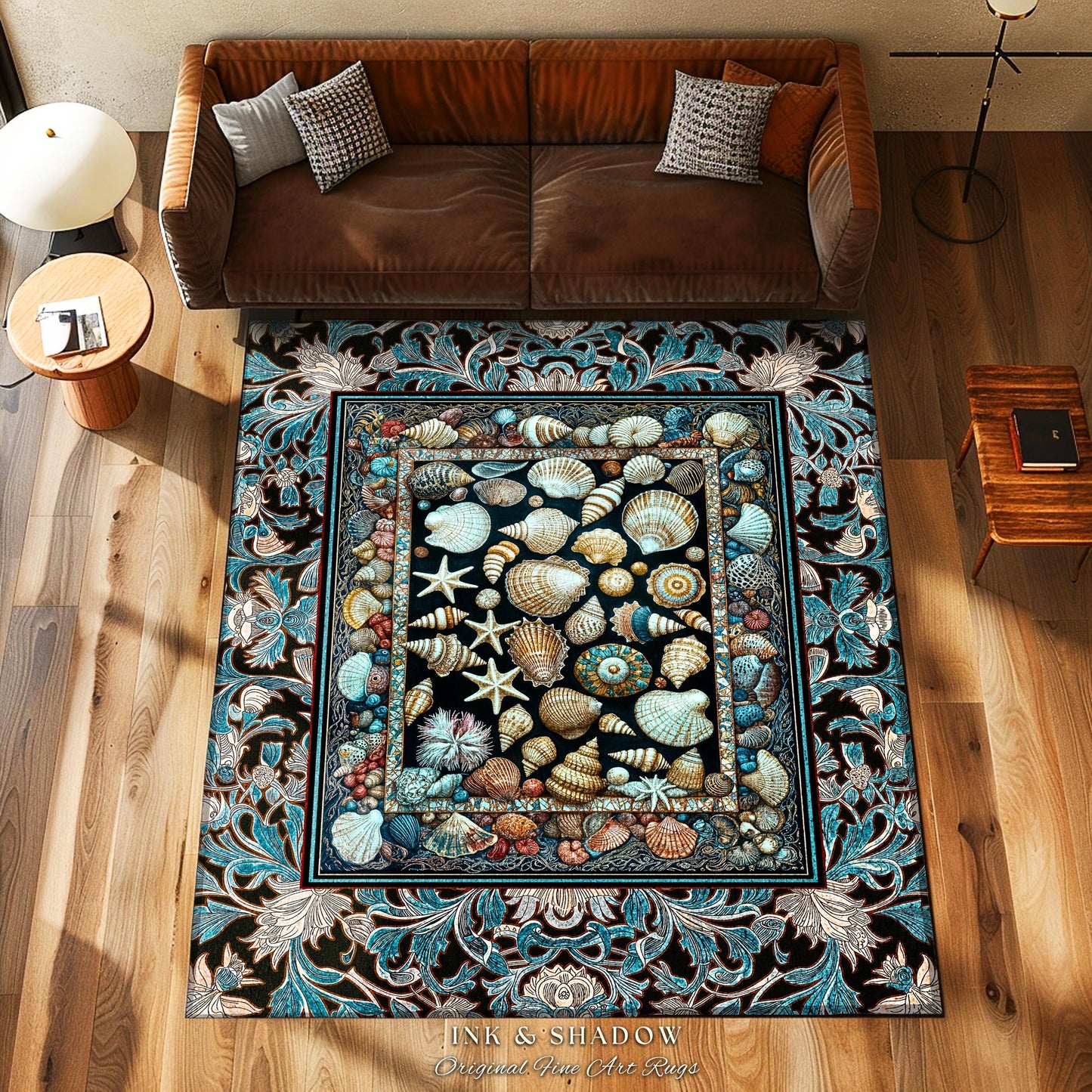 Ocean Theme Coastal Area Rug | Beachy Cottage Nautical Theme Seashell Art Vintage Mermaidcore Marine Life Bedroom Accent Rug Eclectic Decor