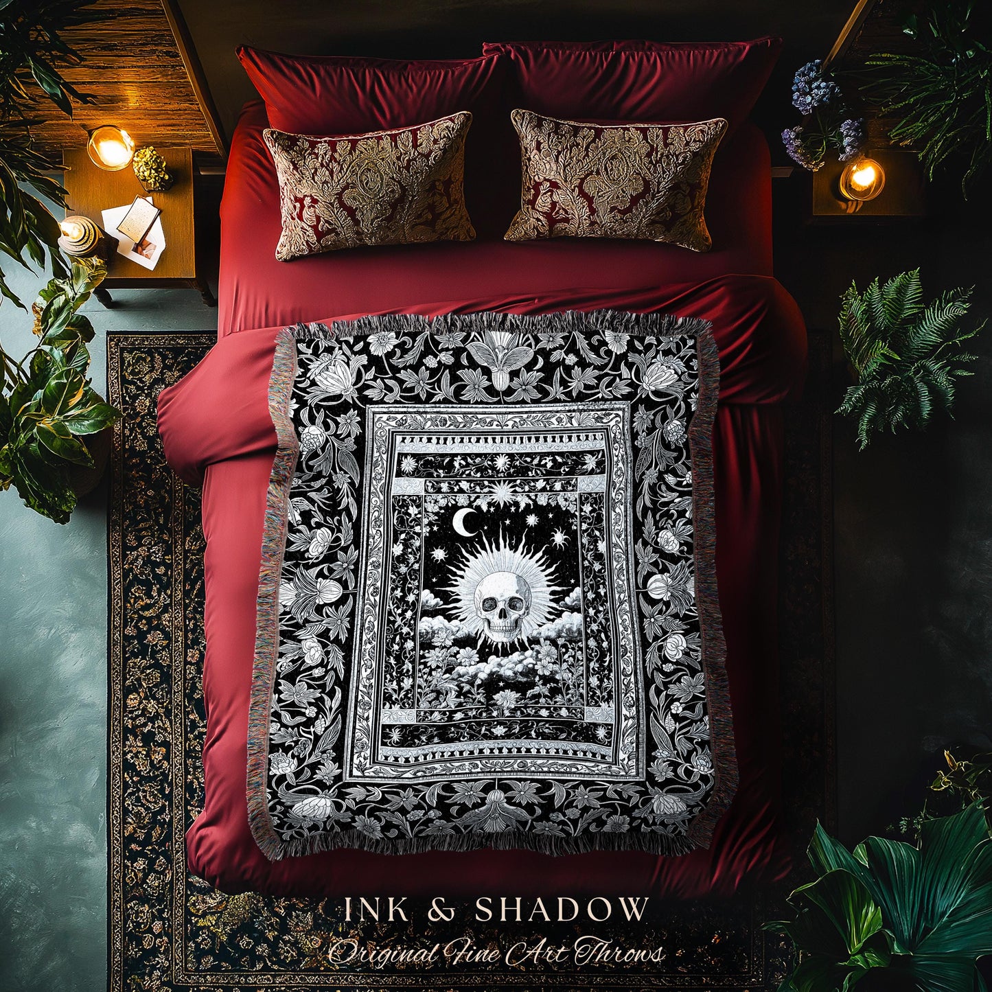 Retro Greyscale Skull Woven Throw | Tarot Aesthetic Dark Academia Whimsigoth Baroque Spooky Macabre Design Gothic Tapestry Blanket Witchy |