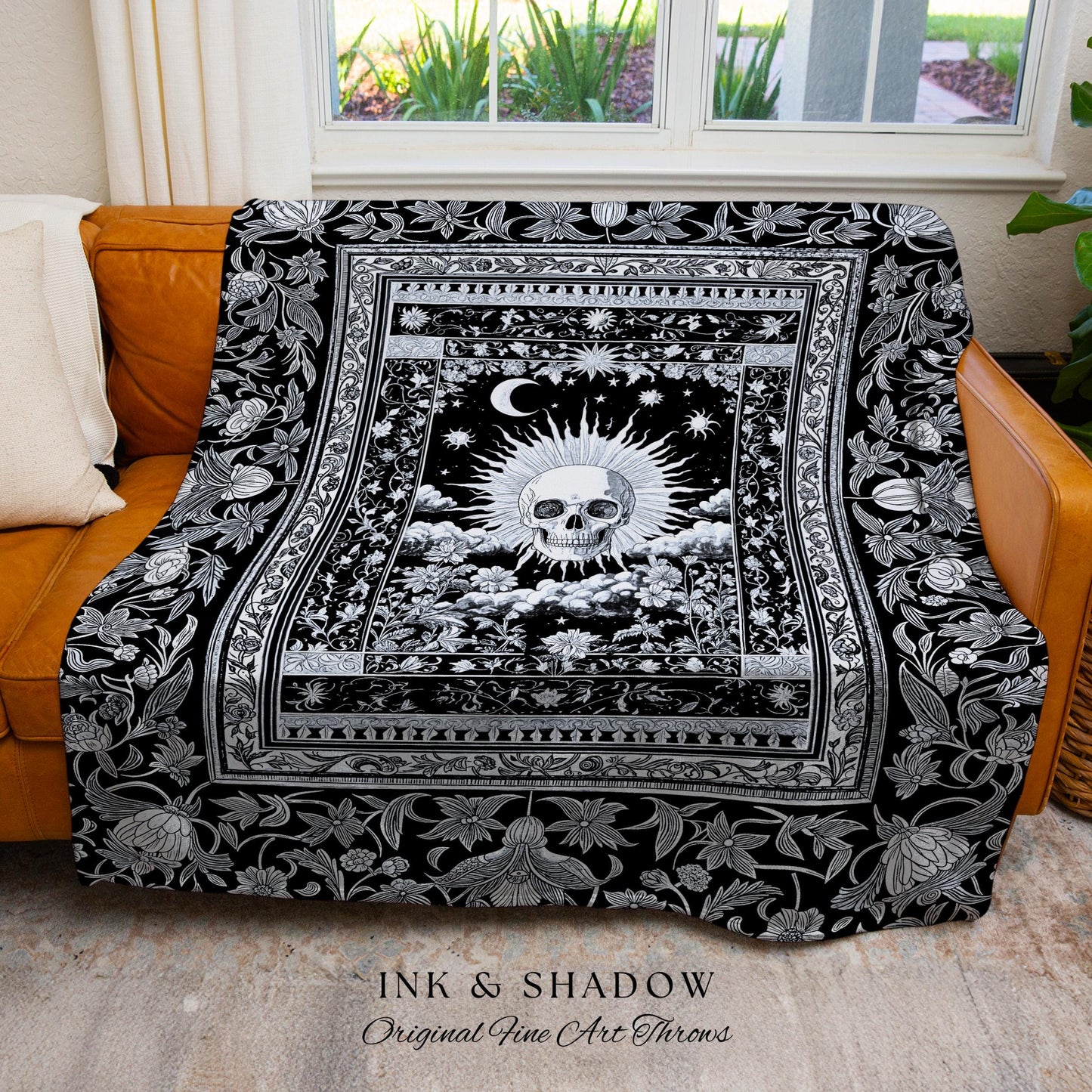 Retro Greyscale Skull Woven Throw | Tarot Aesthetic Dark Academia Whimsigoth Baroque Spooky Macabre Design Gothic Tapestry Blanket Witchy |