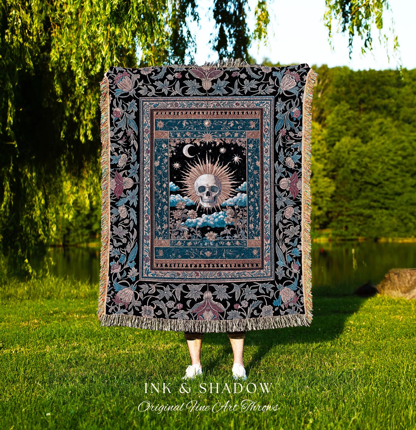 Retro Spooky Skull Tarot Blanket Decor | Fall Aesthetic Woven Throw Gothiccore Cozy Dark Academia Vibe Whimsigoth Rustic Halloween Tapestry