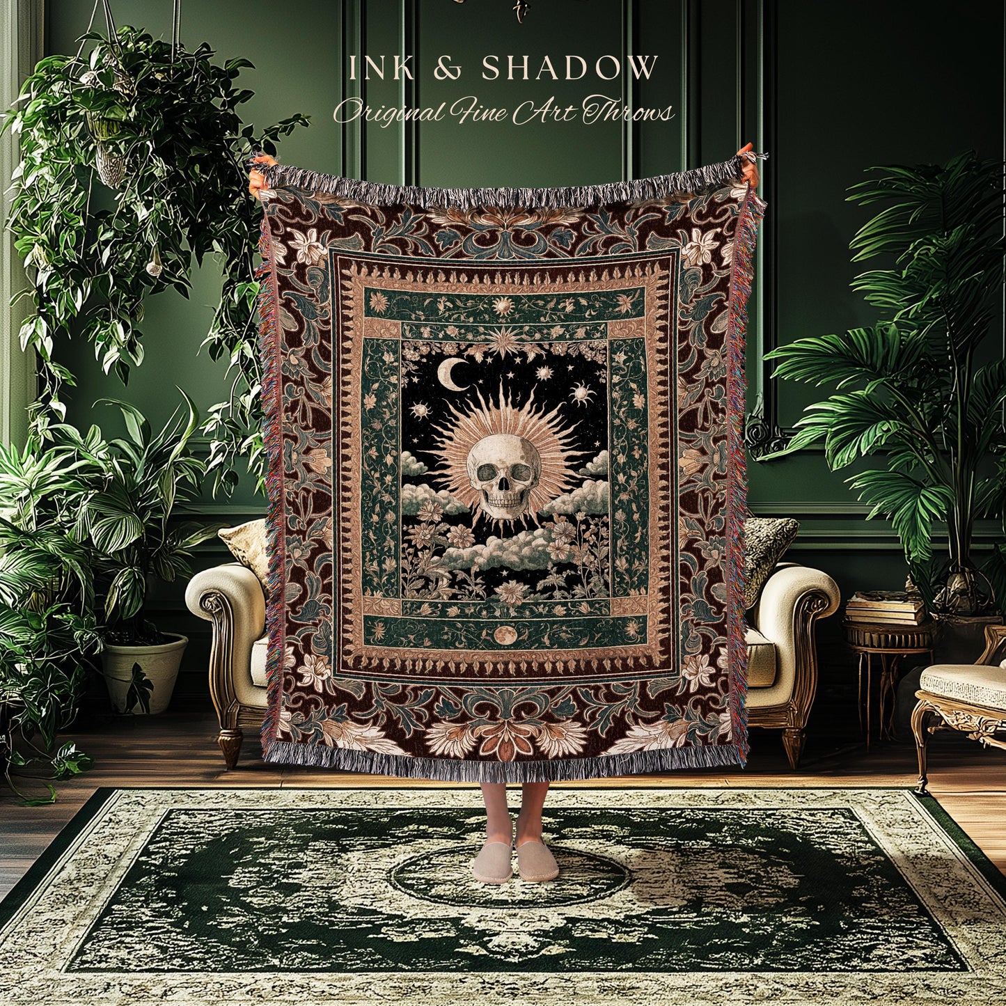 Indie Aesthetic Skull Woven Blanket | Macabre Woven Wall Tapestry Retro Skull Decor Witchy Autumn Vibe Halloween Dark Academia Gift Gothic |