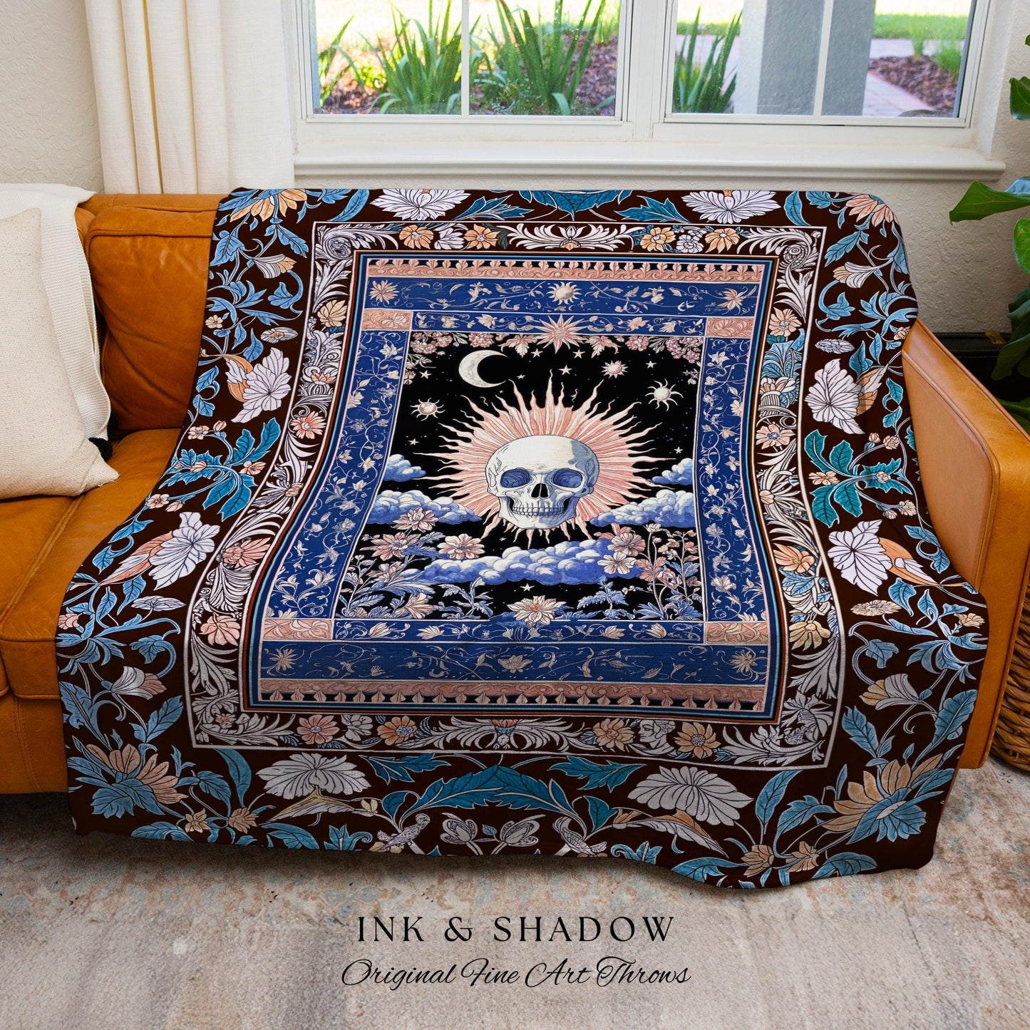 Witchy Mystic Aesthetic Tapestry | Violet Floral Gothic Fringe Skull Woven Throw Tarot Style Witch Goblincore Gothic Blanket Bedroom Decor