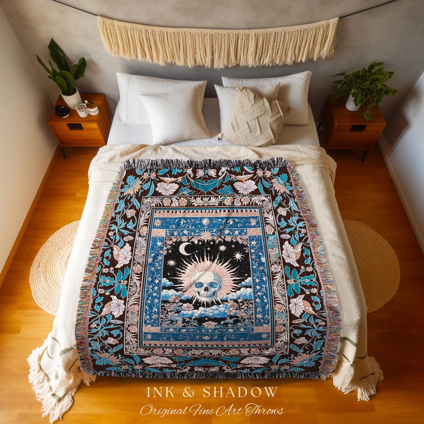 Witchy Mystic Aesthetic Tapestry | Violet Floral Gothic Fringe Skull Woven Throw Tarot Style Witch Goblincore Gothic Blanket Bedroom Decor
