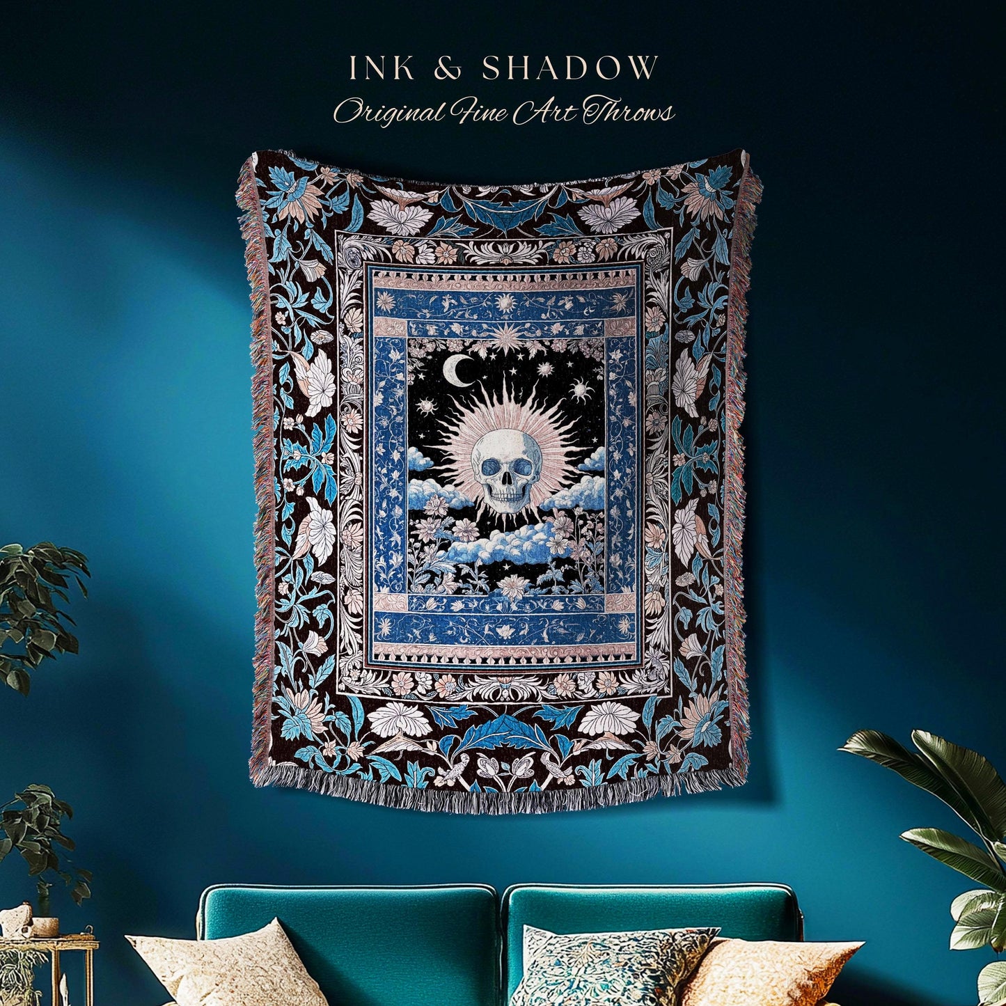 Witchy Mystic Aesthetic Tapestry | Violet Floral Gothic Fringe Skull Woven Throw Tarot Style Witch Goblincore Gothic Blanket Bedroom Decor