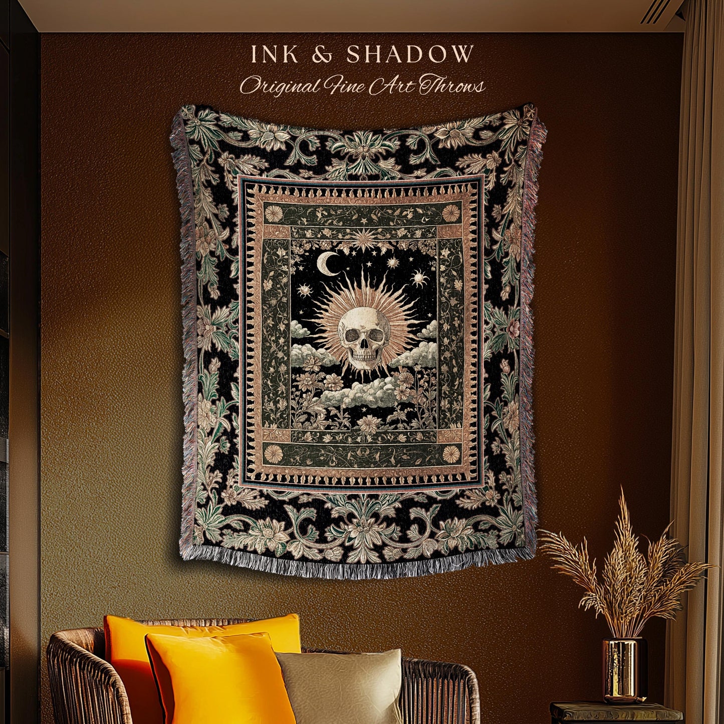Bewitched Skeleton Witchy Tapestry Blanket | Retro Skull Woven Throw Macabre Decor Fall Witch Vibe Woven Whimsigoth Baroque Spooky Style |
