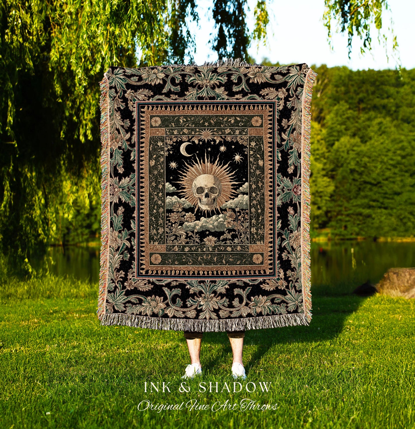 Bewitched Skeleton Witchy Tapestry Blanket | Retro Skull Woven Throw Macabre Decor Fall Witch Vibe Woven Whimsigoth Baroque Spooky Style |
