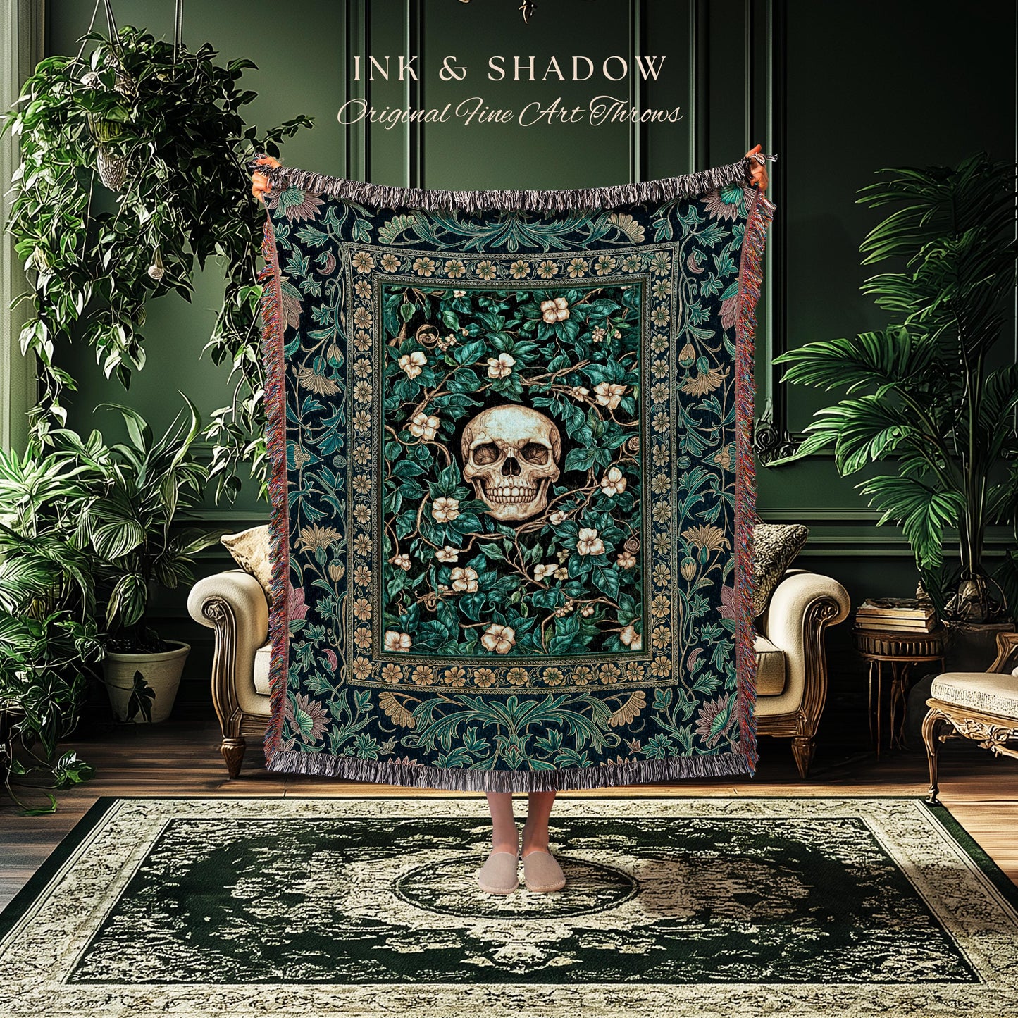 Wildflower Wilds Skull Woven Blanket | Botanical Macabre Wall Tapestry Gothic Aesthetic Wiccan Throw Witchy Tarot Skeleton Whimsigoth Decor