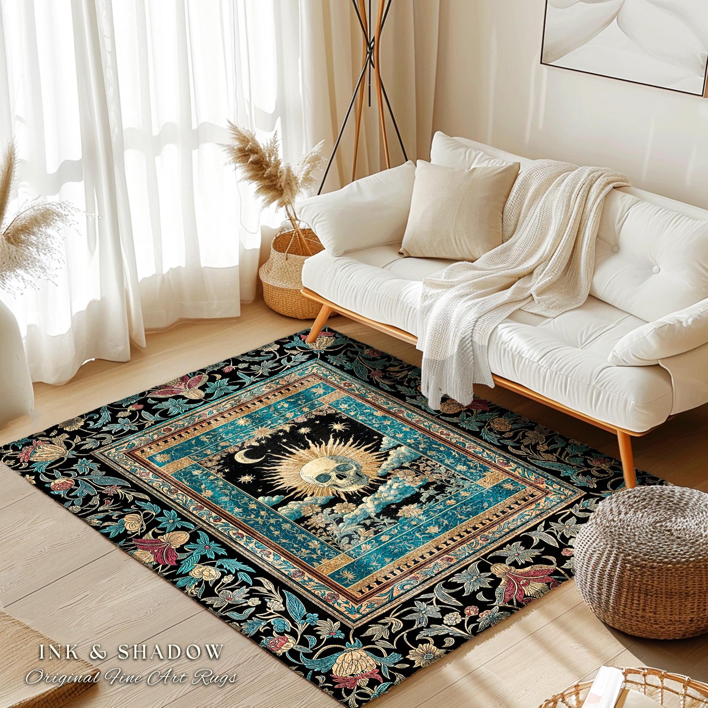 Gothic Bohemian Skull Witchy Area Rug | Wiccan Aesthetic Halloween Vibes Dark Academia Bedroom Baroque Spooky Season Decor Celestial Tarot