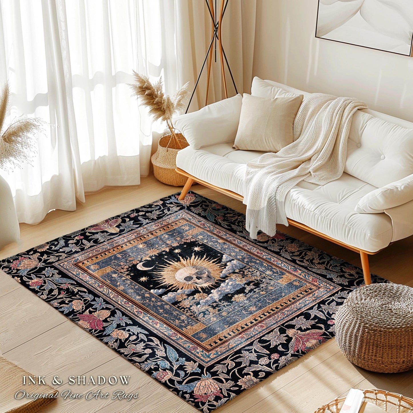 Dark Academia Celestial Skull Area Rug | Skull Witchy Baroque Tarot Aesthetic Gothic Decor Spooky Macabre Halloween Vibes Moon and Stars |