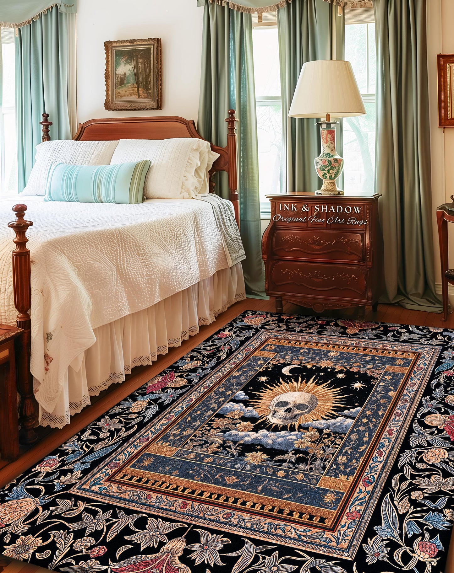 Dark Academia Celestial Skull Area Rug | Skull Witchy Baroque Tarot Aesthetic Gothic Decor Spooky Macabre Halloween Vibes Moon and Stars |