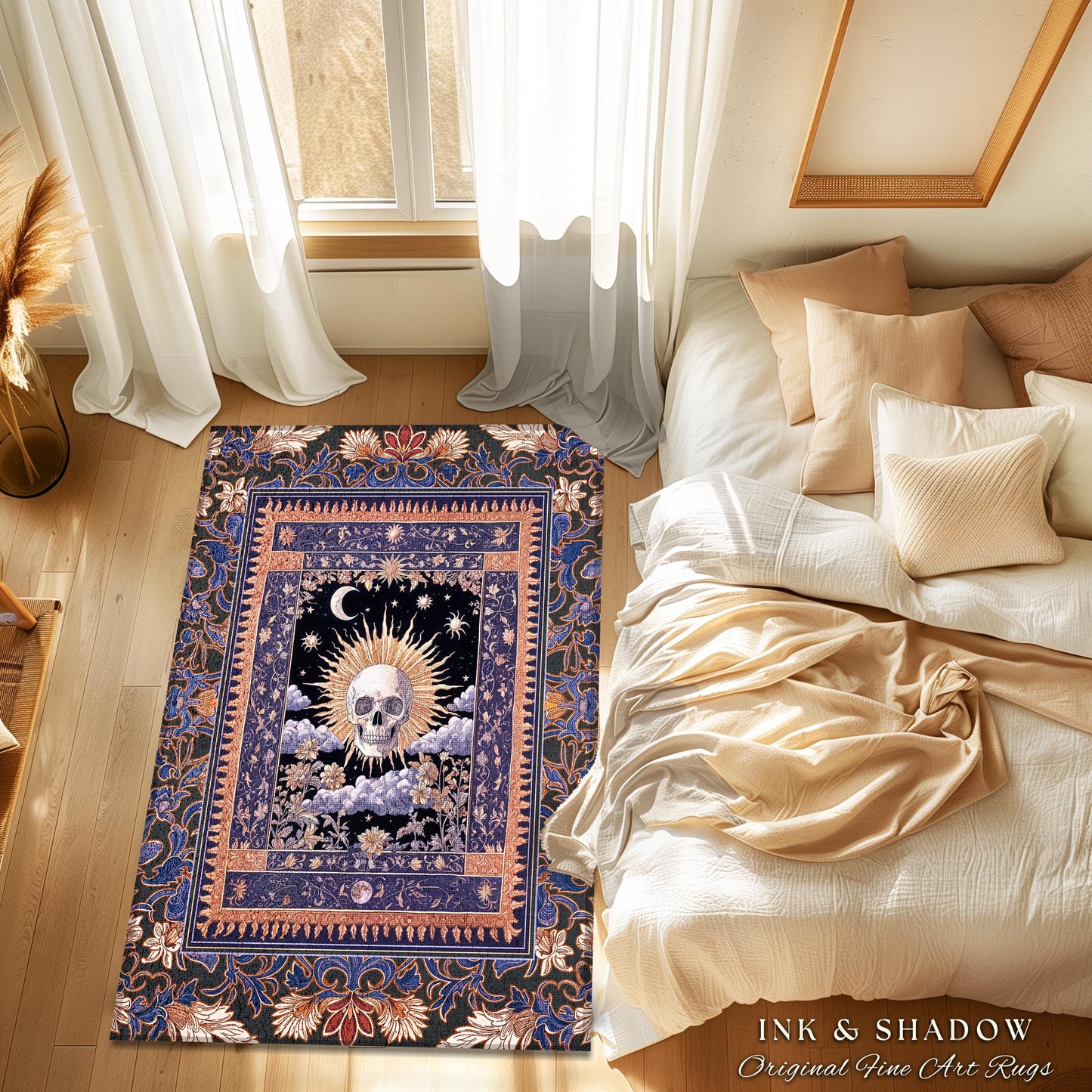 Macabre Witchy Pastel Skull Rug | Gothic Bedroom Skeleton Accent Spooky Aesthetic Dark Enchantment Baroque Whimsigoth Style Decor Celestial