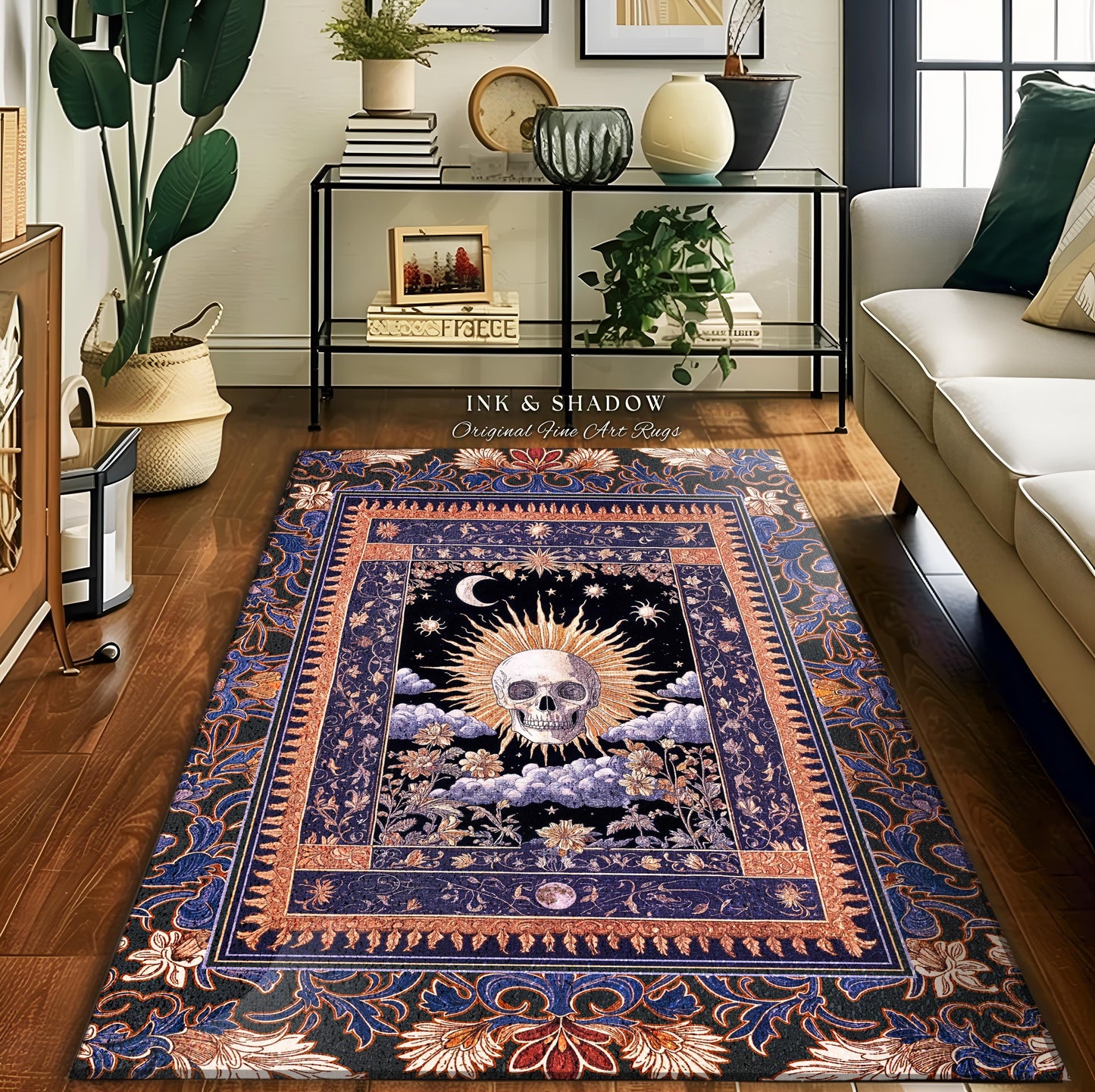 Macabre Witchy Pastel Skull Rug | Gothic Bedroom Skeleton Accent Spooky Aesthetic Dark Enchantment Baroque Whimsigoth Style Decor Celestial