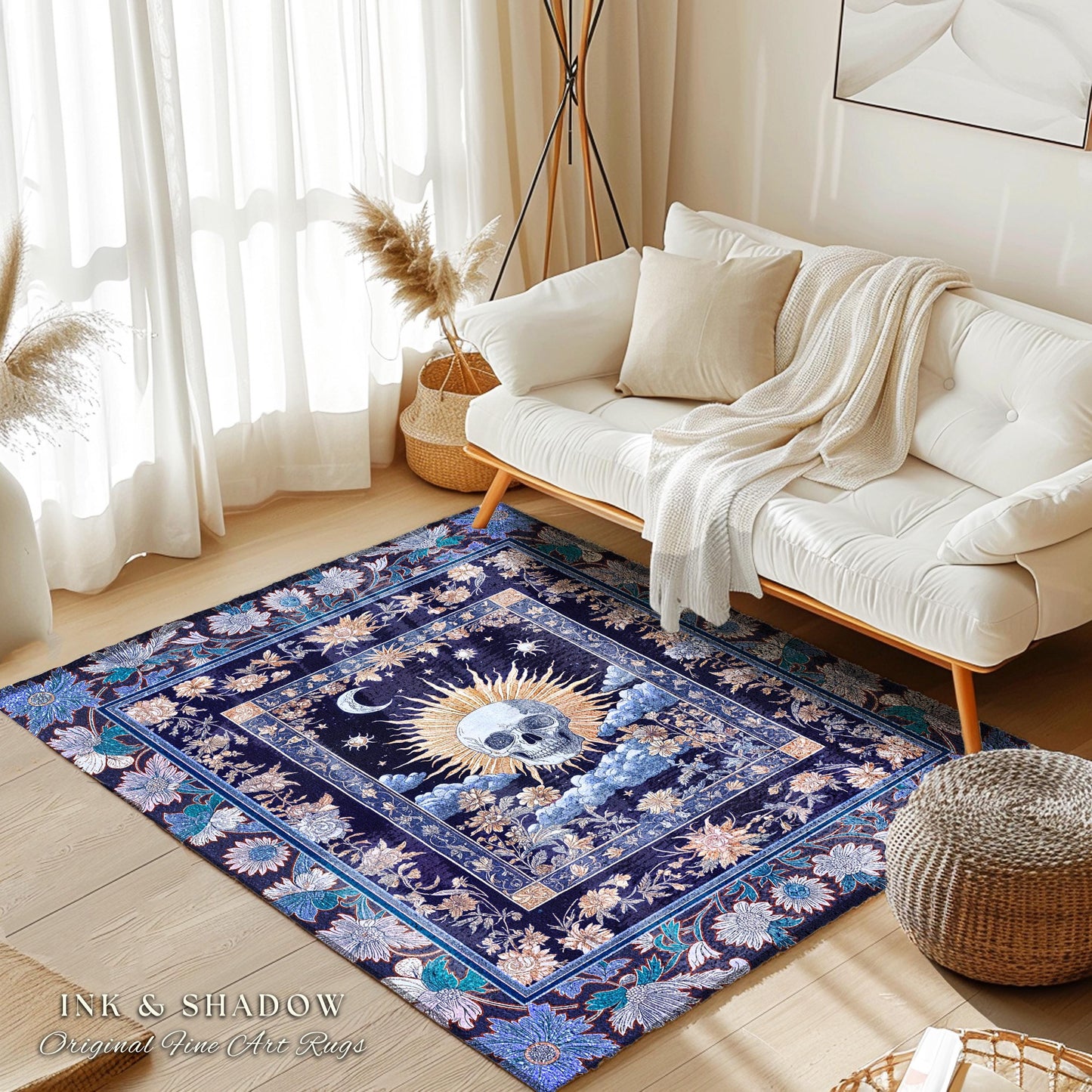 Magic Witchy Skull Area Rug Gothic | Pastel Tarot Bedroom Accent Dark Academia Reading Room Macabre Design Spooky Skeleton Purple Whimsigoth